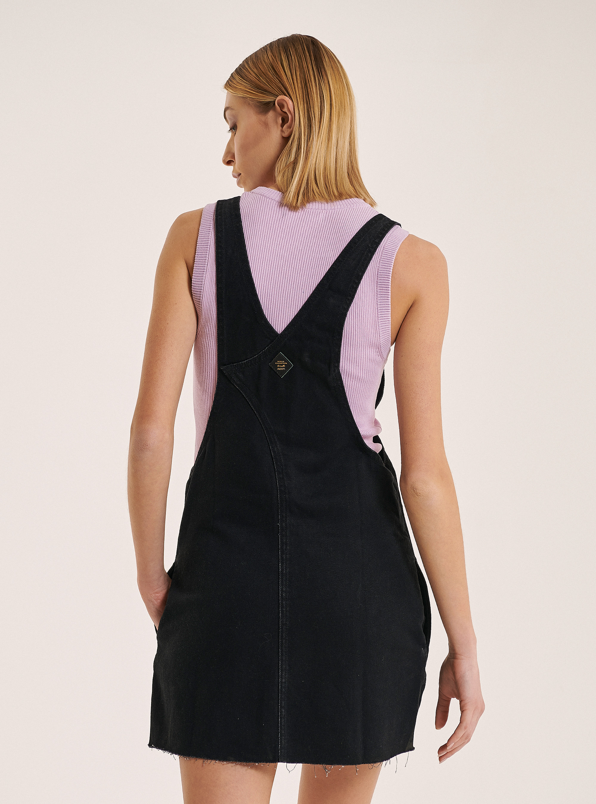 Denim overalls with front pocket, BLACK