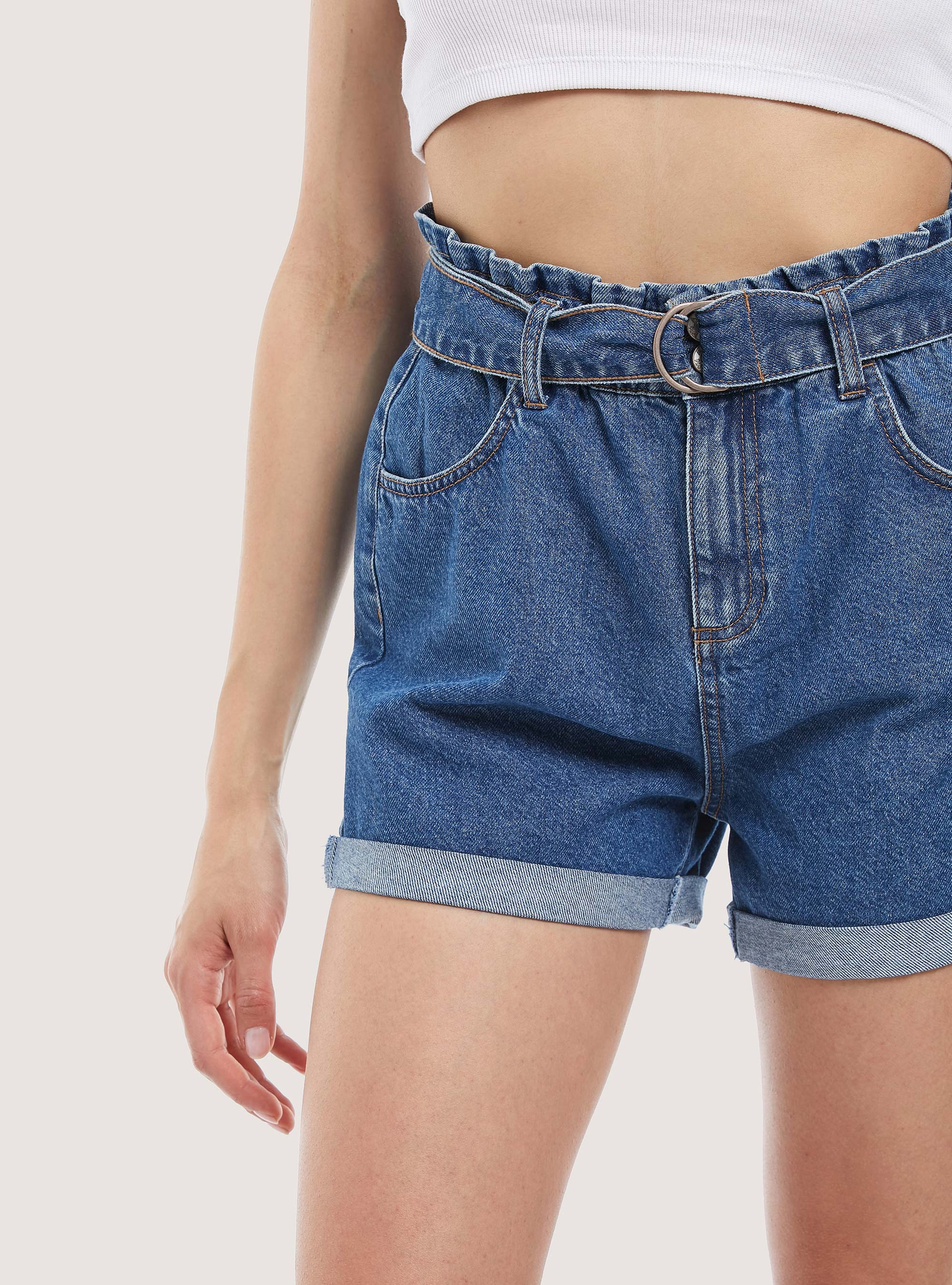 Denim shorts with strap, D003 MEDIUM BLUE