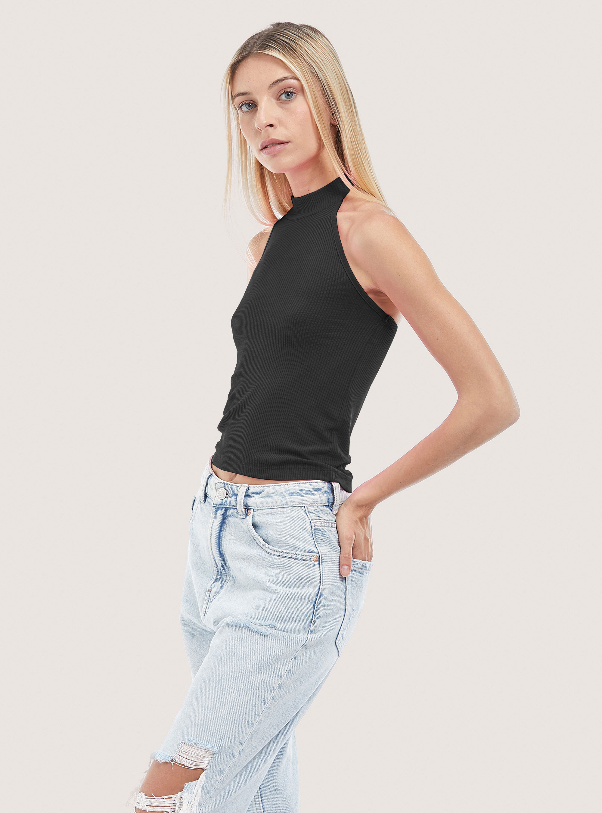 Top with American neckline in cotton, BLACK