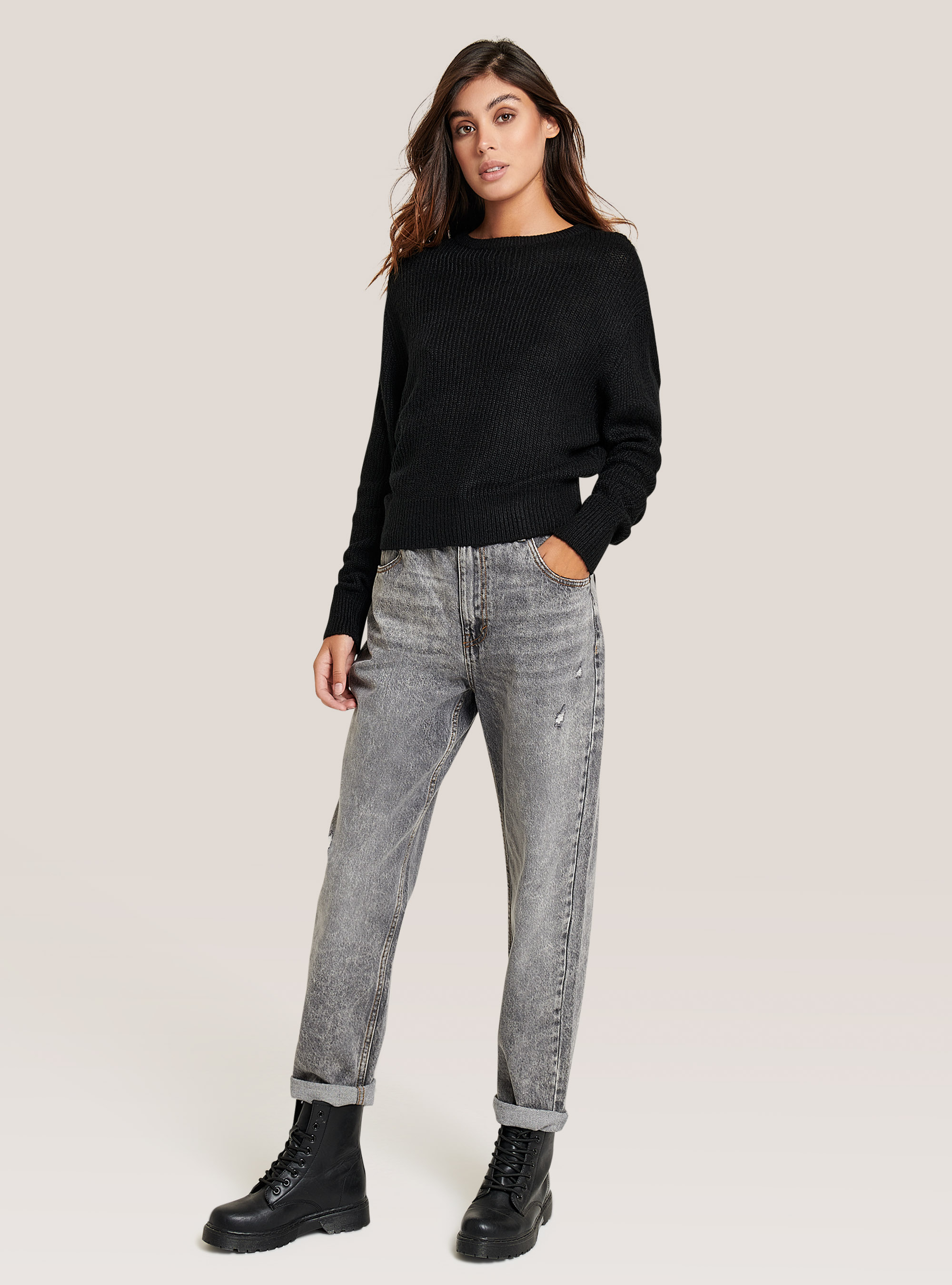 Solid colour crew neck pullover, BLACK