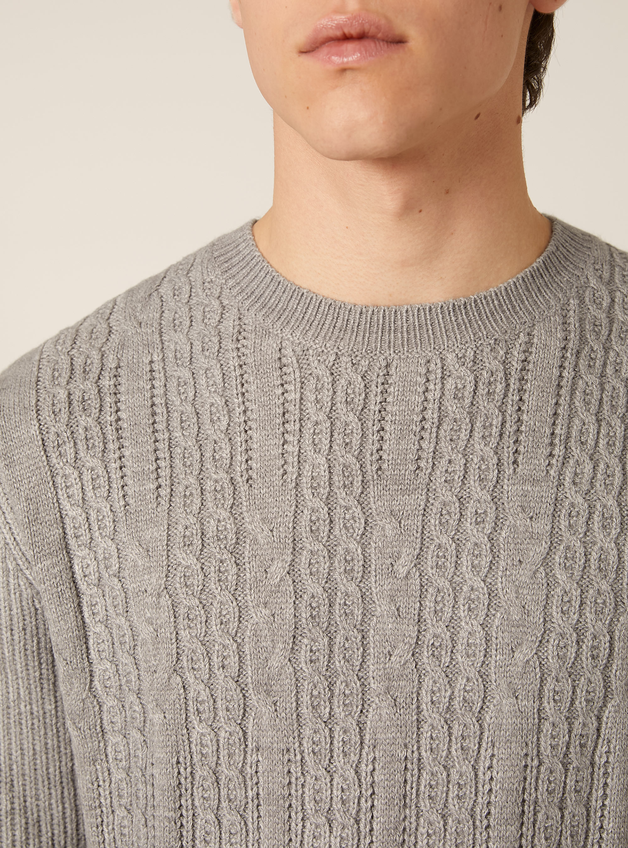 Maglione girocollo trecce, MGY2 GREY MEL MEDIUM