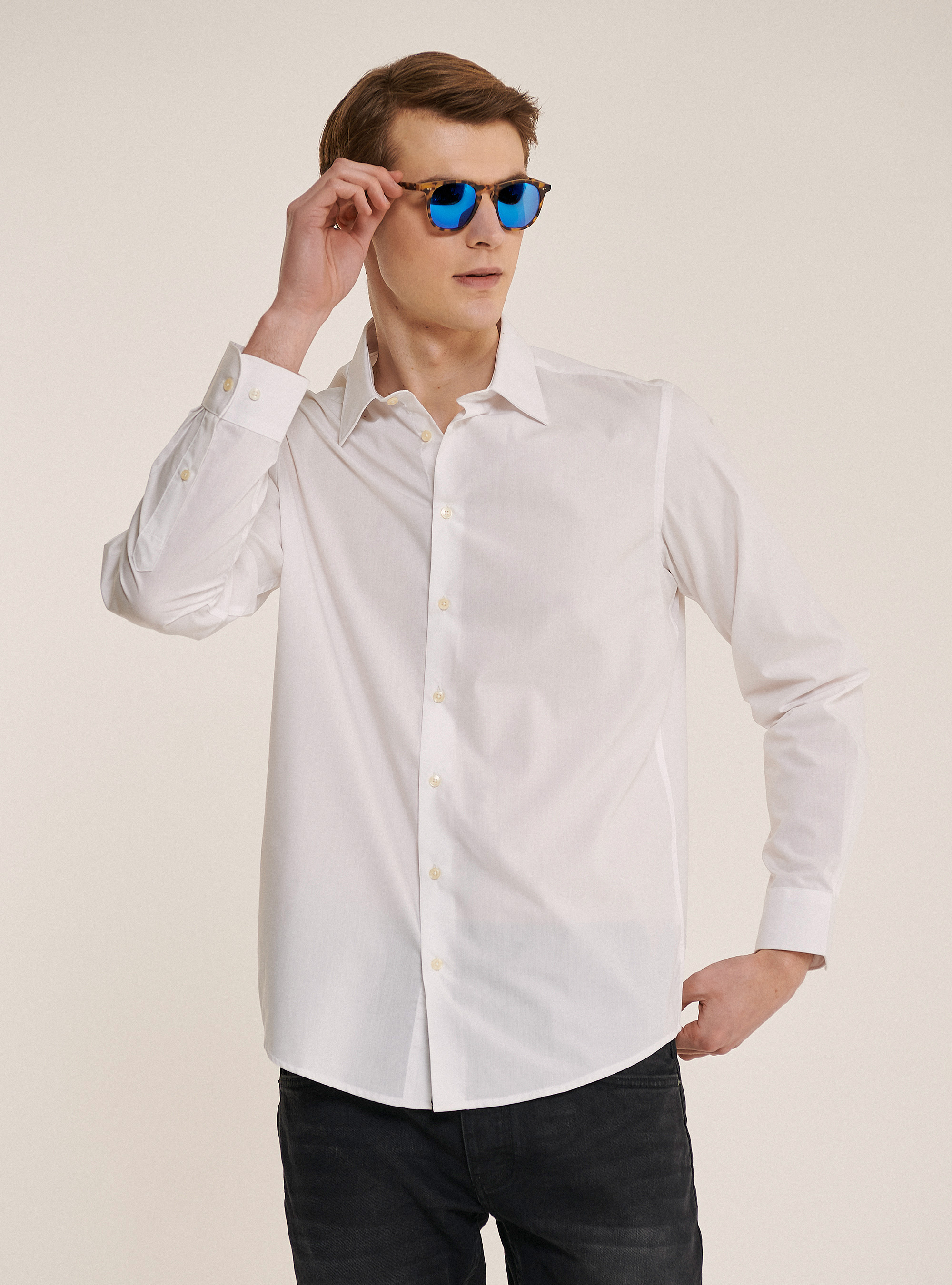 Basic solid colour long sleeves shirt, WHITE