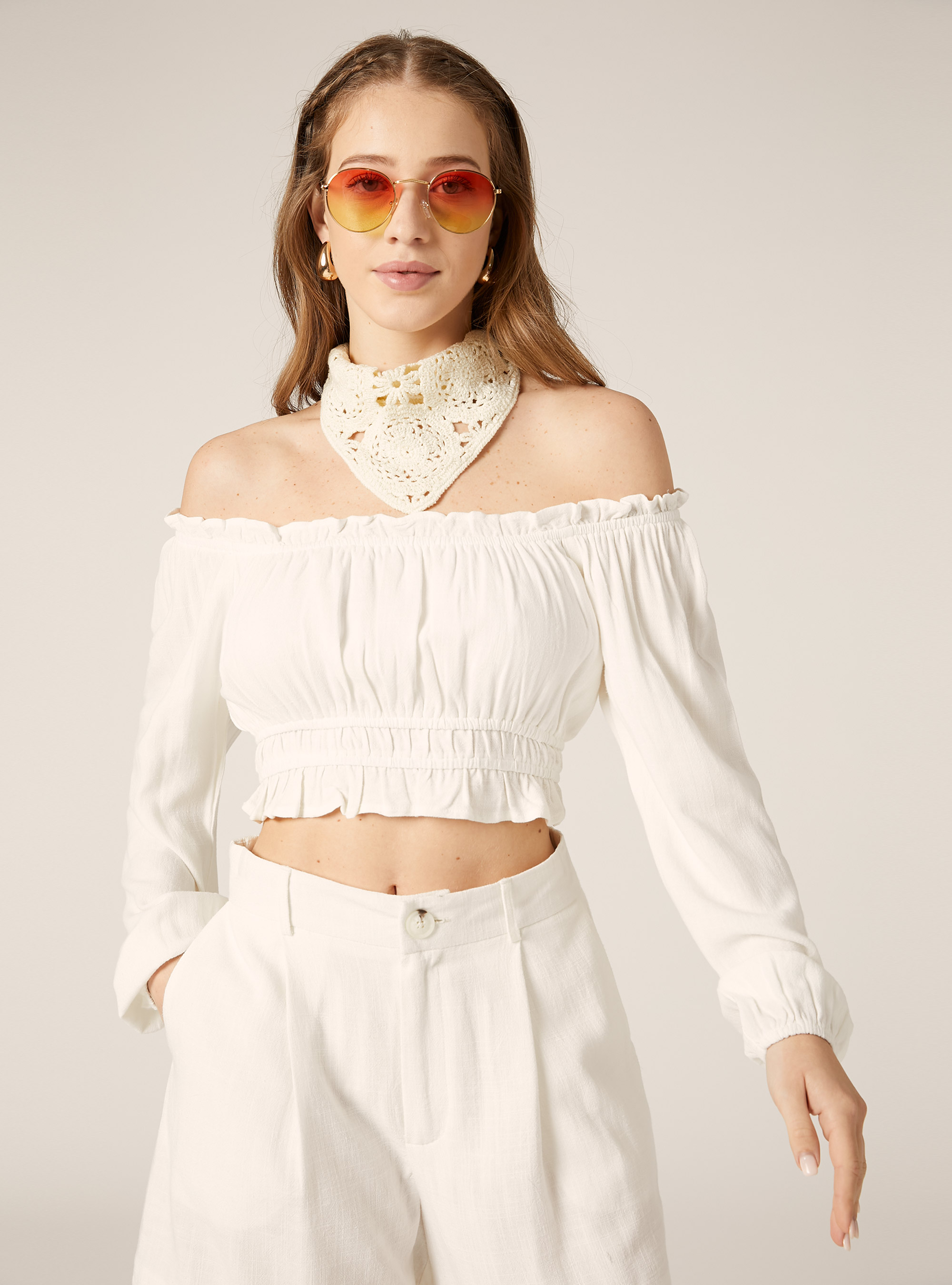Blouse boho en lin m&eacute;lang&eacute;, WH1 OFF WHITE