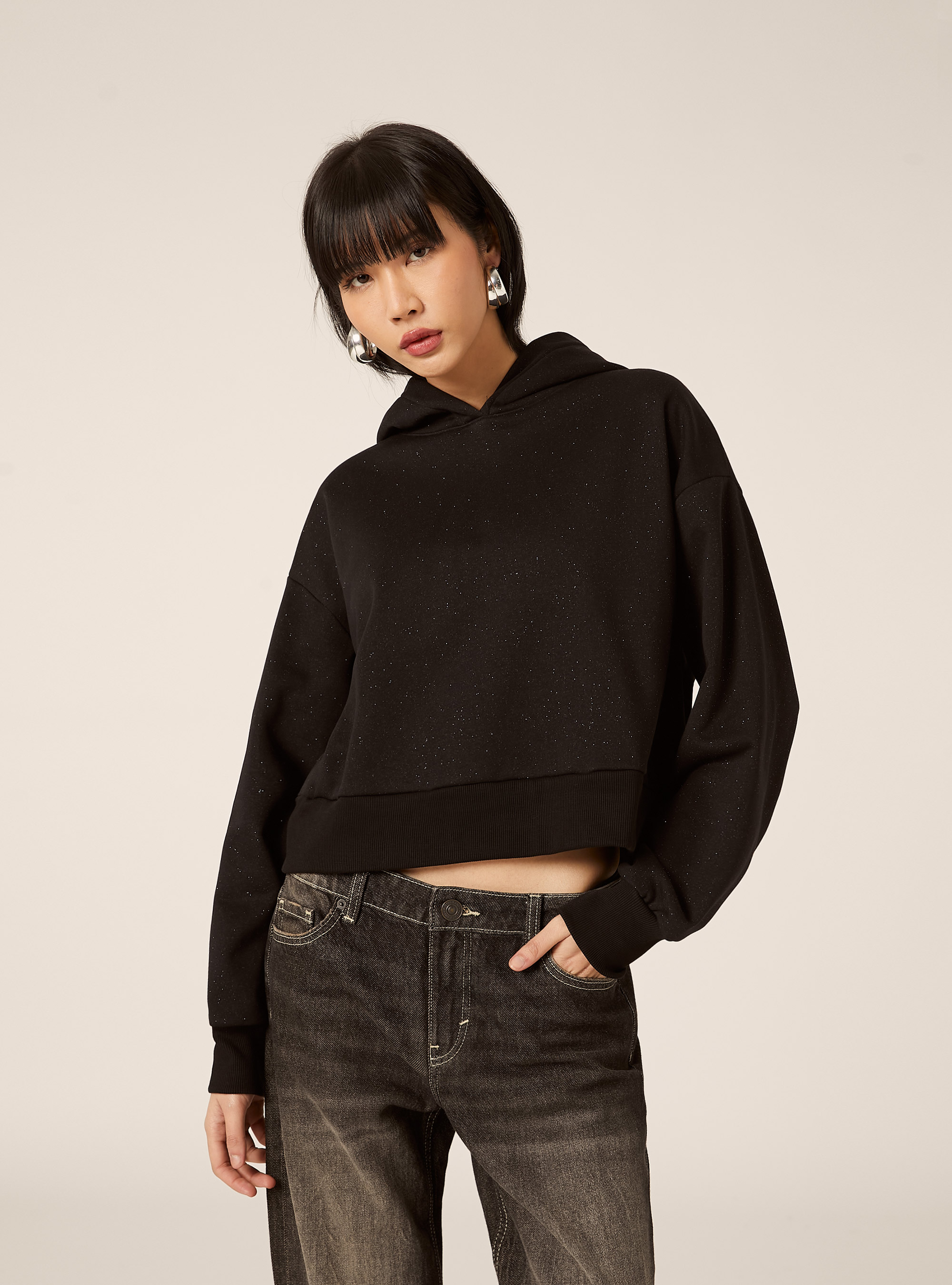 Felpa boxy con cappuccio con glitter, BK1 BLACK