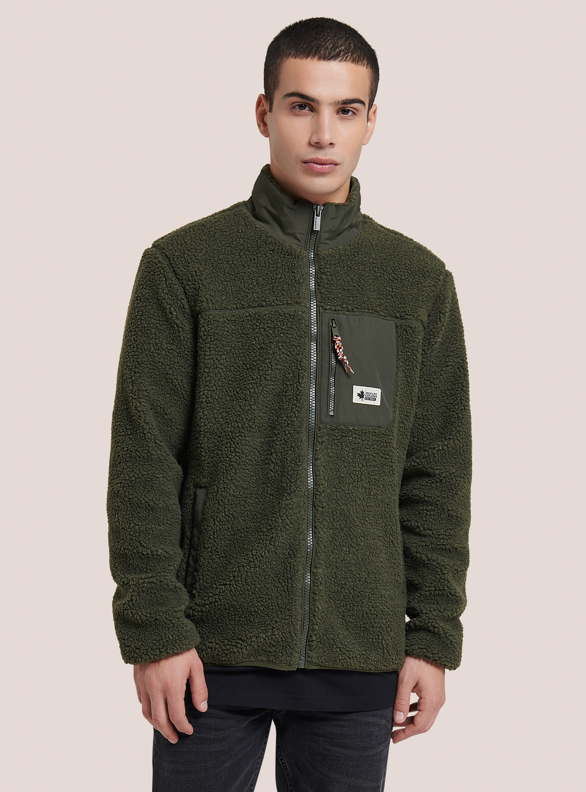 Patchwork teddy jacket, KAKI