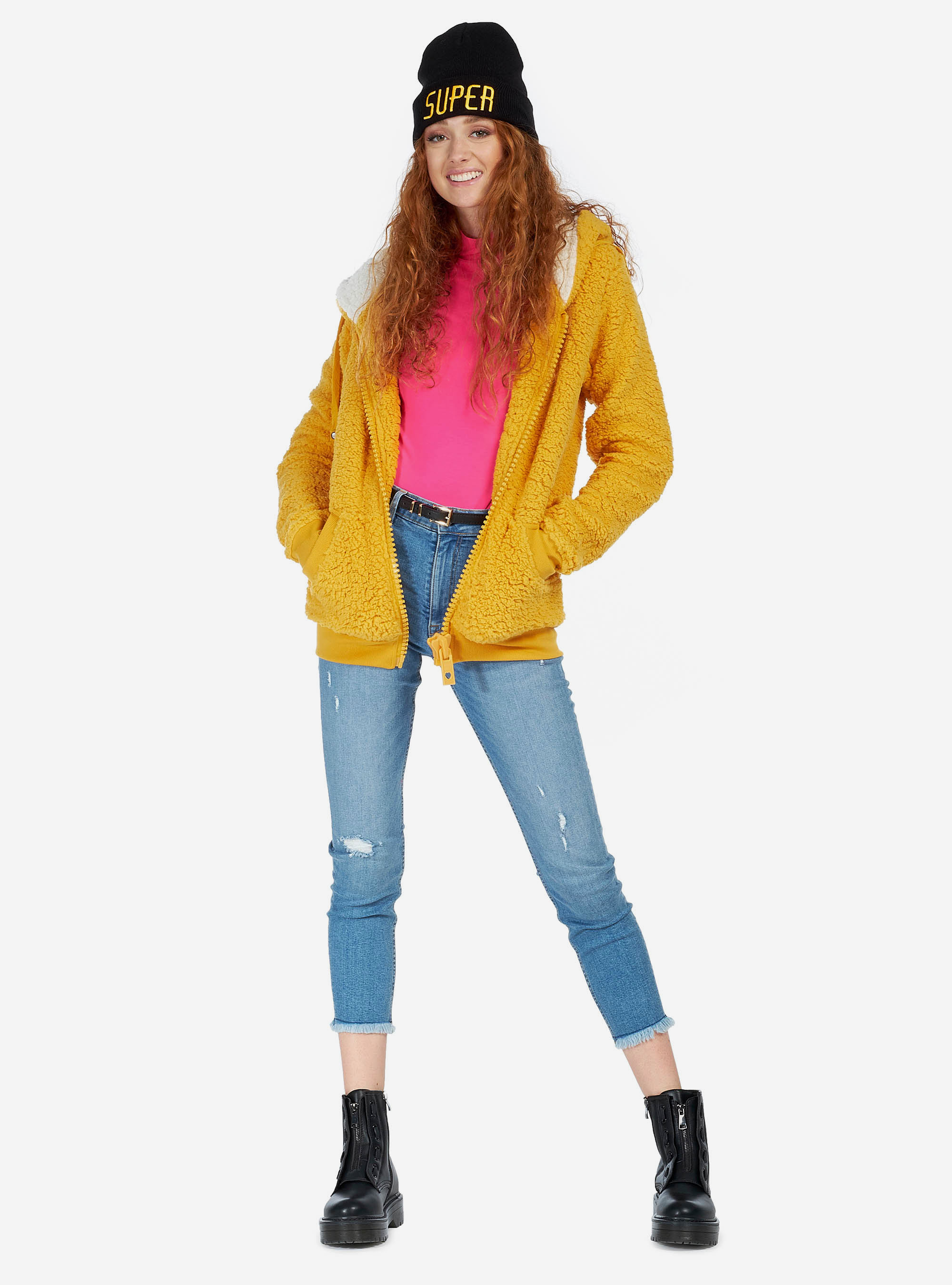Hooded sweatshirt with faux fur ears, MUSTARD
