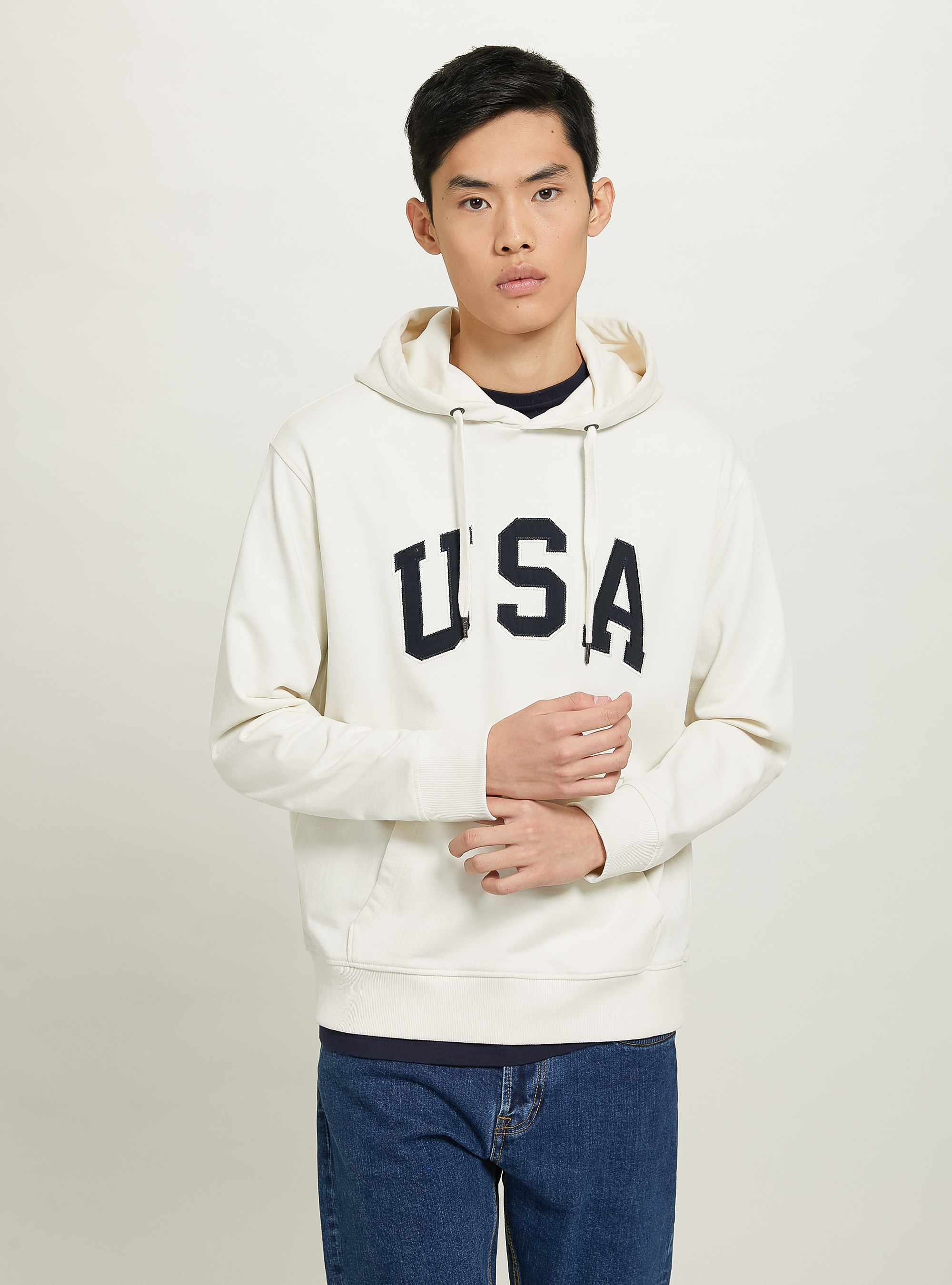 Baumwollsweatshirt mit Kapuze und USA-Aufnäher, C104 CREAM
