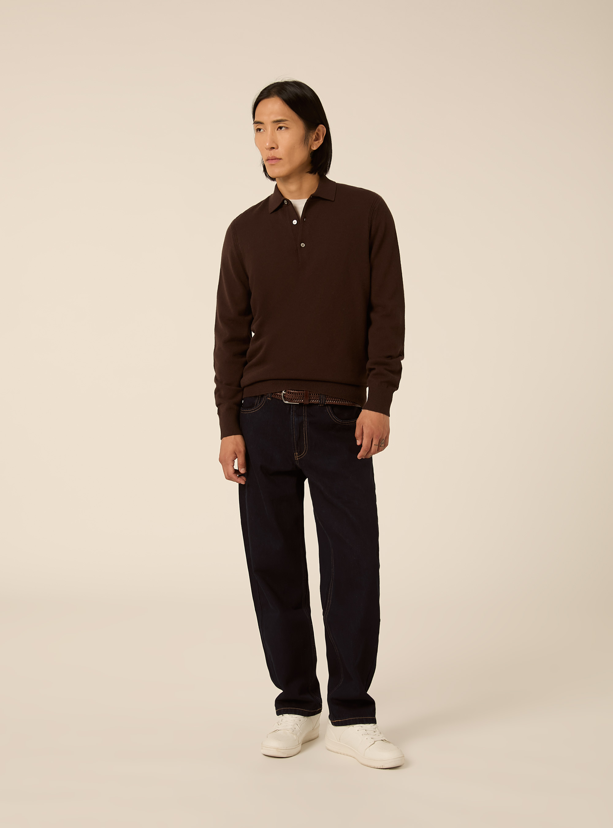 Polo a manches longues en maille melange de laine et cachemire, BR1 BROWN DARK