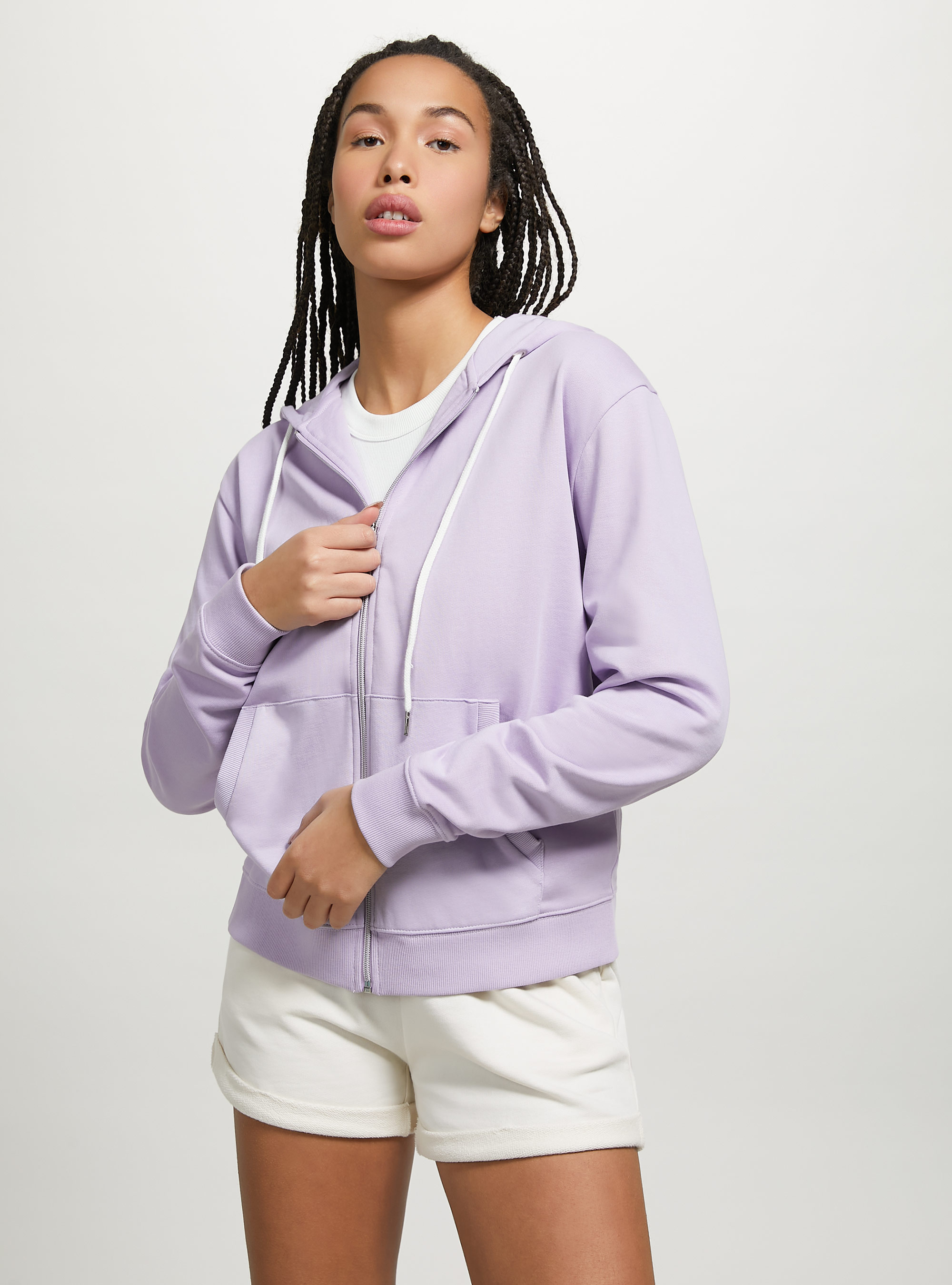 Felpa basic in cotone con zip e cappuccio, C3010 LILLAC