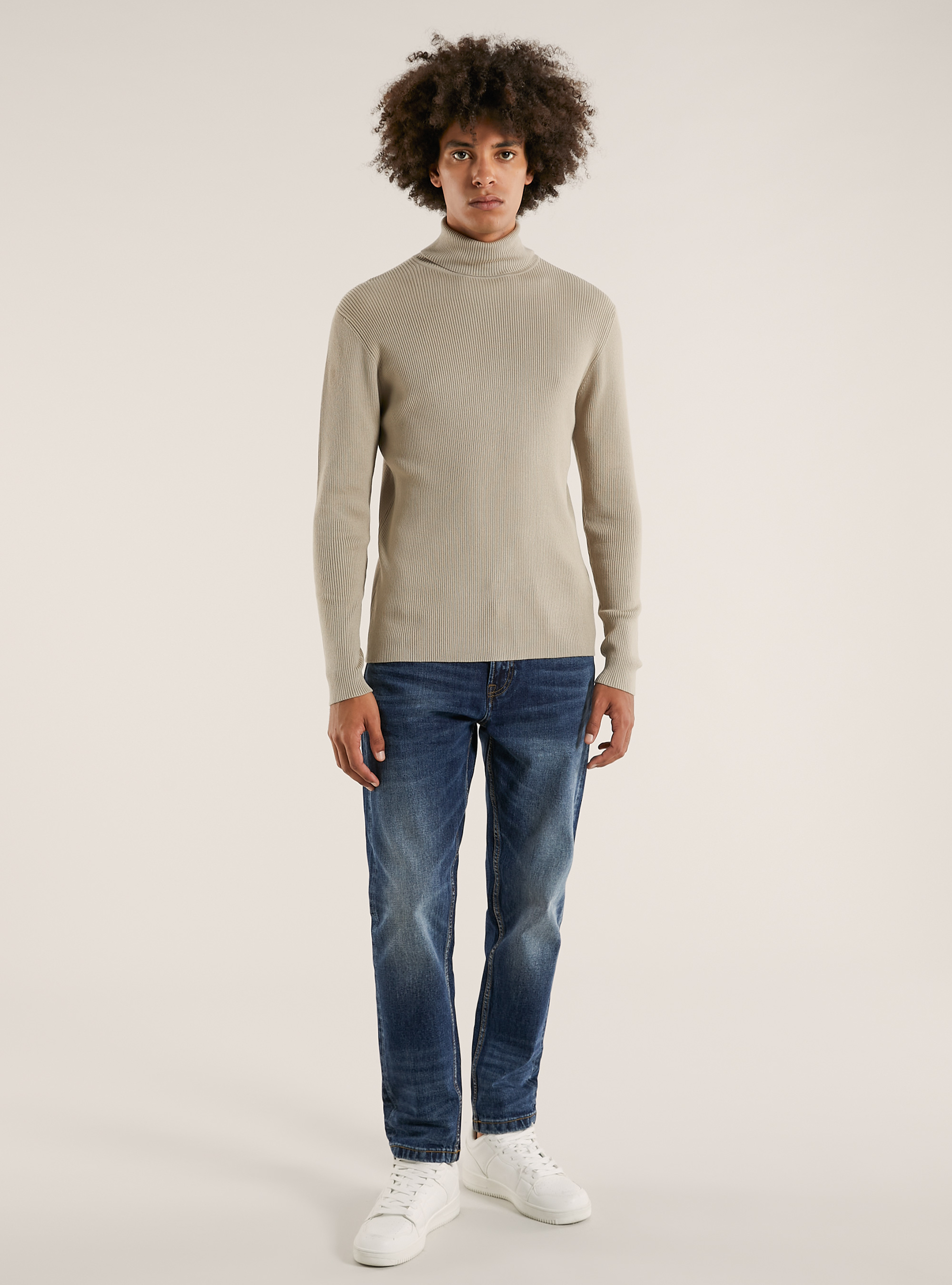 Pullover a collo alto a coste, BG2 BEIGE MEDIUM