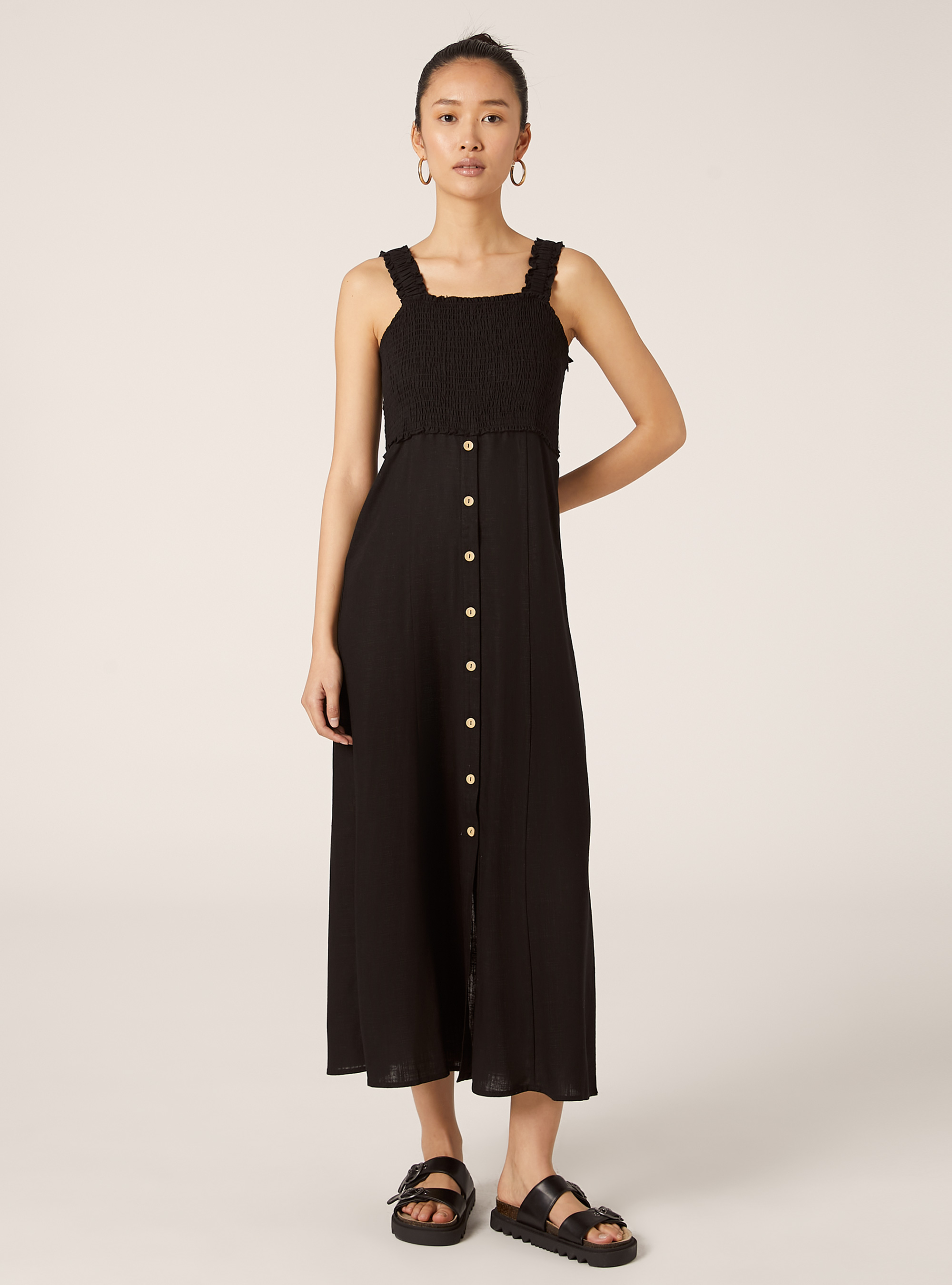 Vestido midi en mezcla de lino, BK1 BLACK