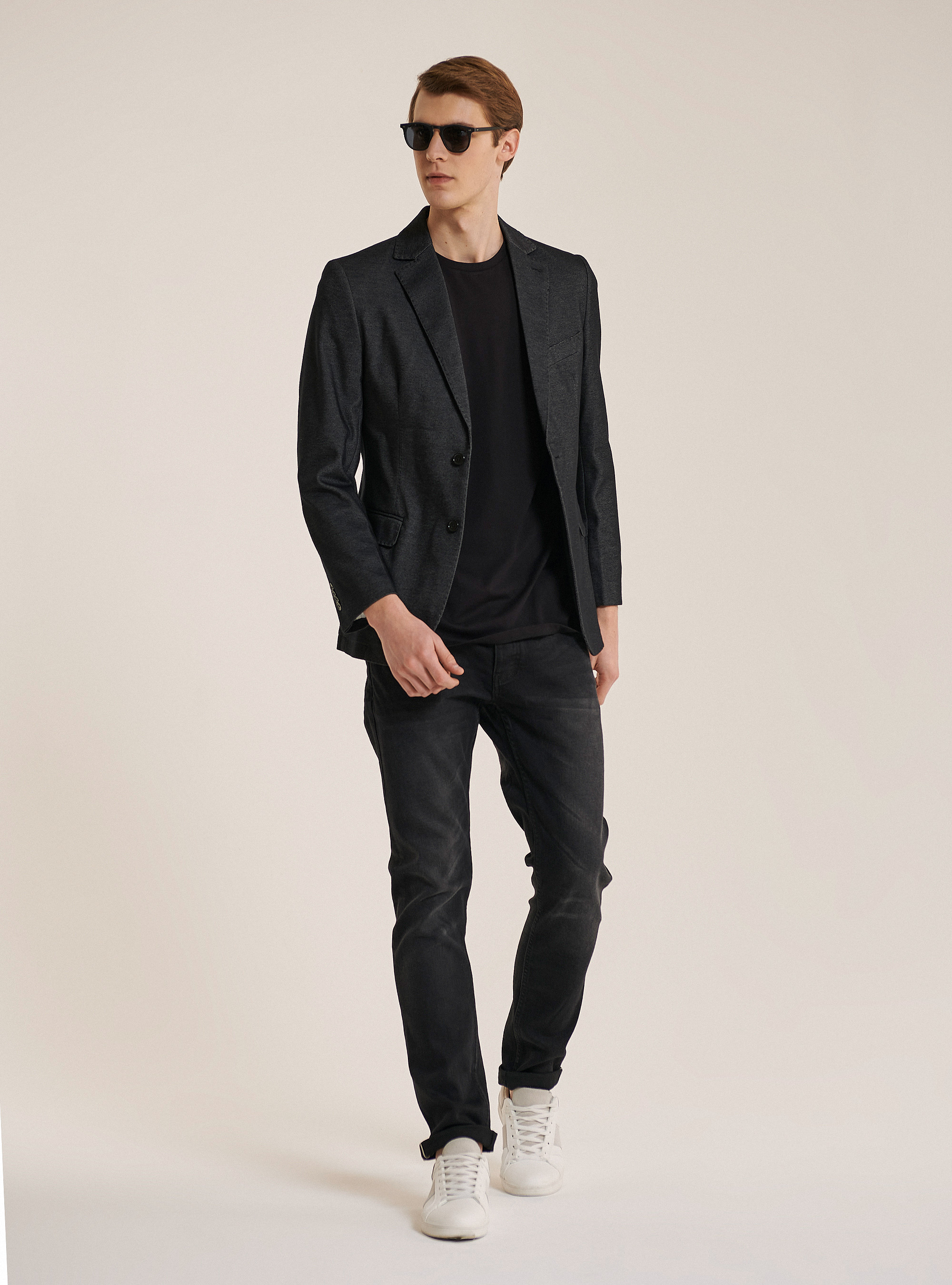 Blazer in cotone piquet, NERO