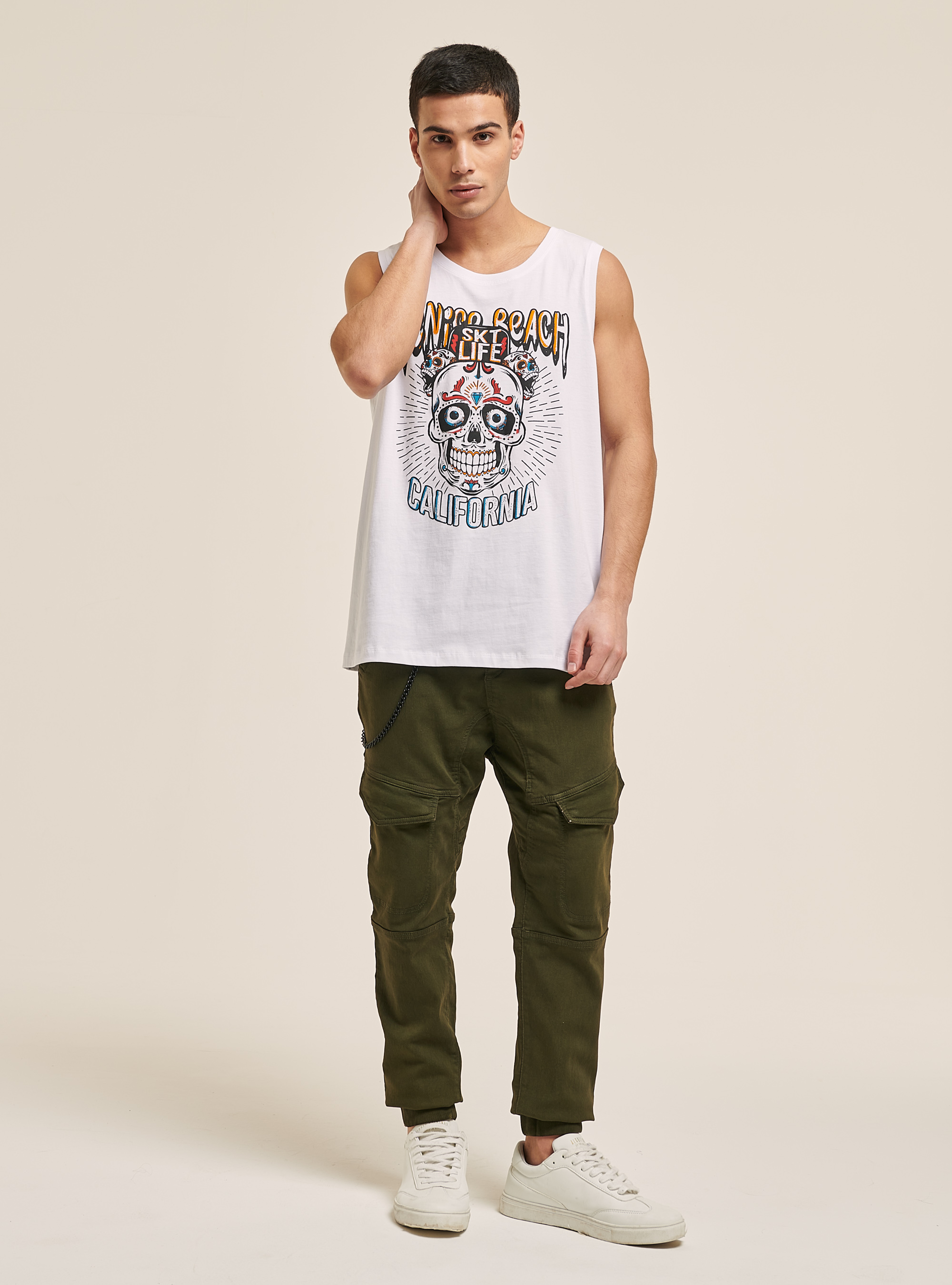 Débardeur en coton imprimé tête de mort, C099 WHITE