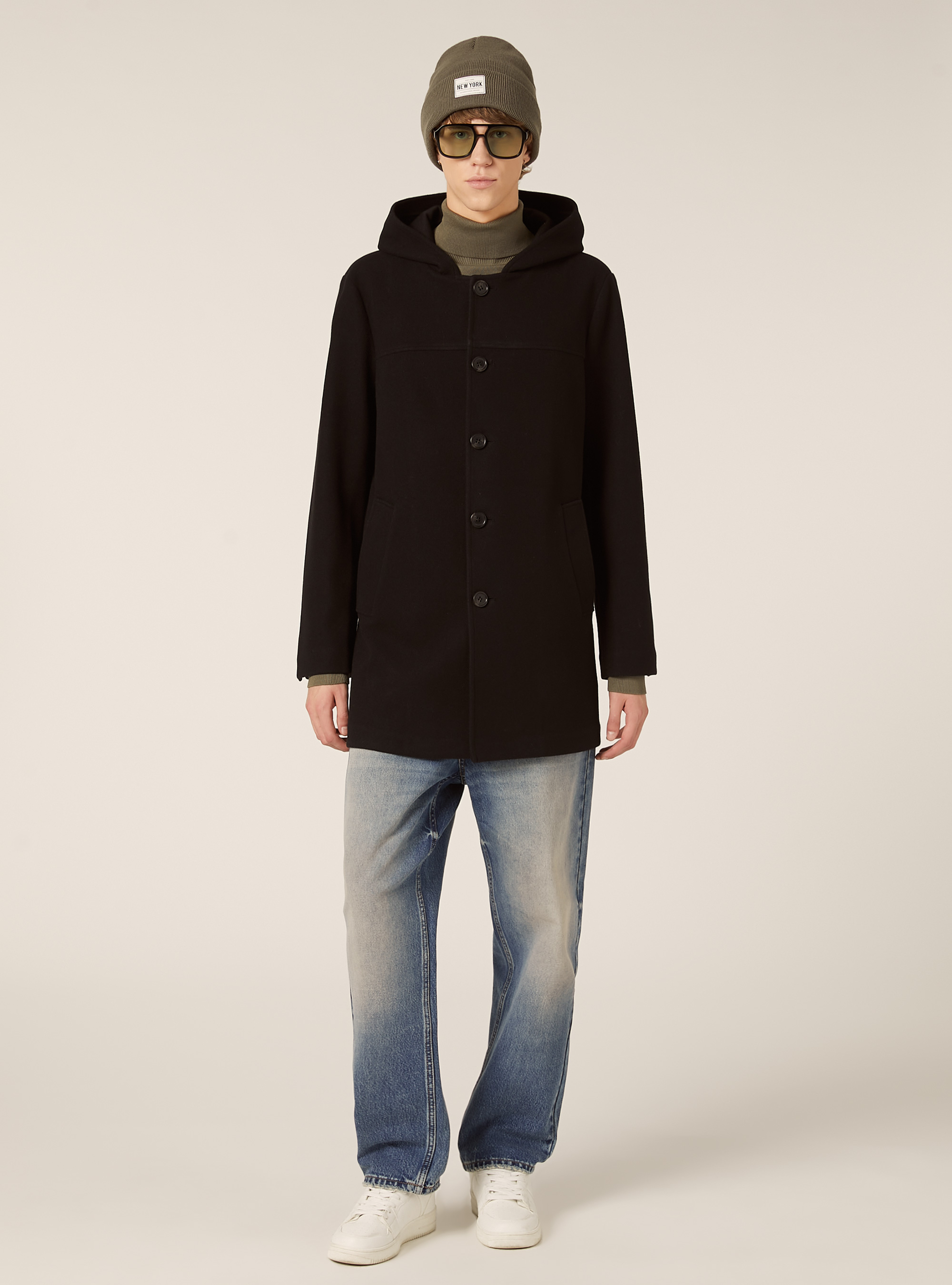 Unlined coat with hood, BK1 BLACK