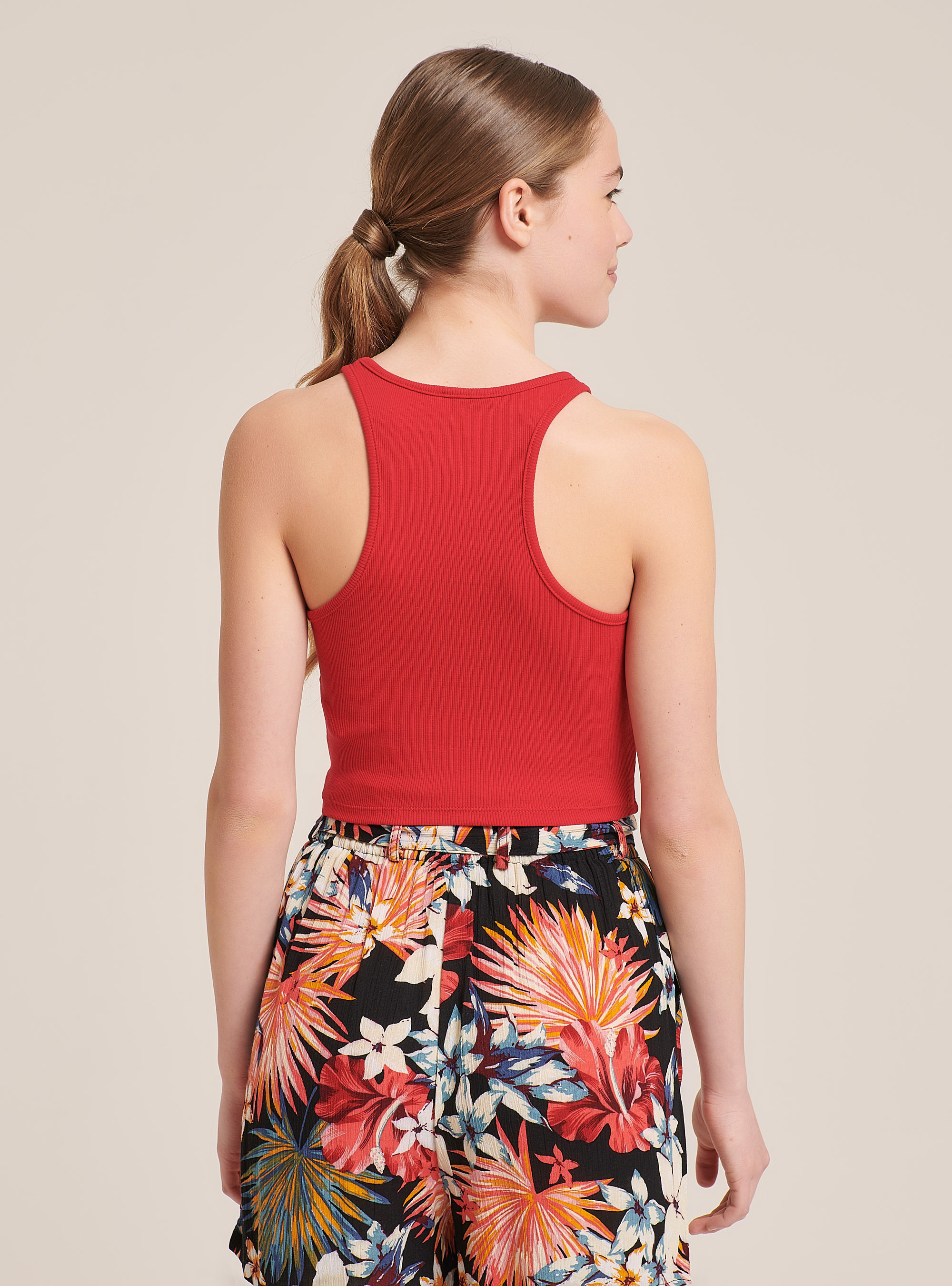 Crop top elastico a coste in cotone, C3376 RED