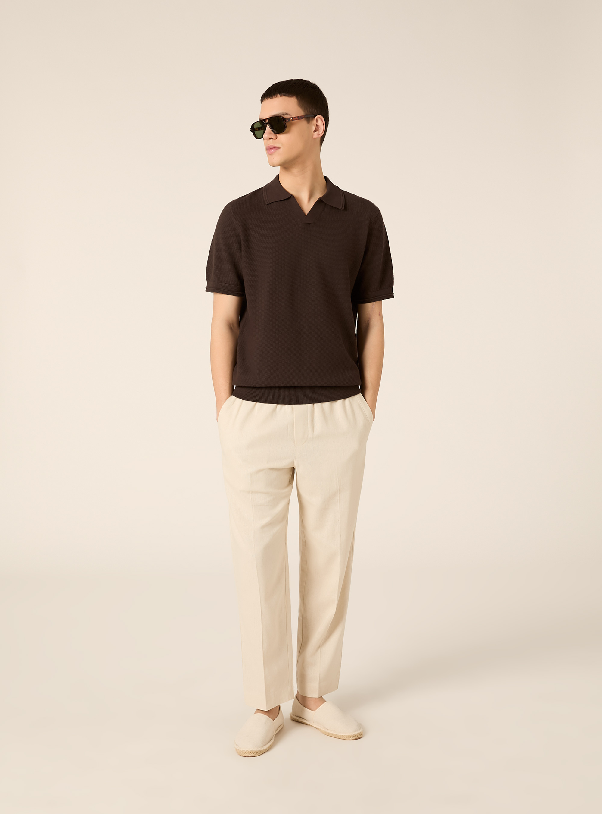 Polo derby in maglia in misto cotone, BR1 BROWN DARK