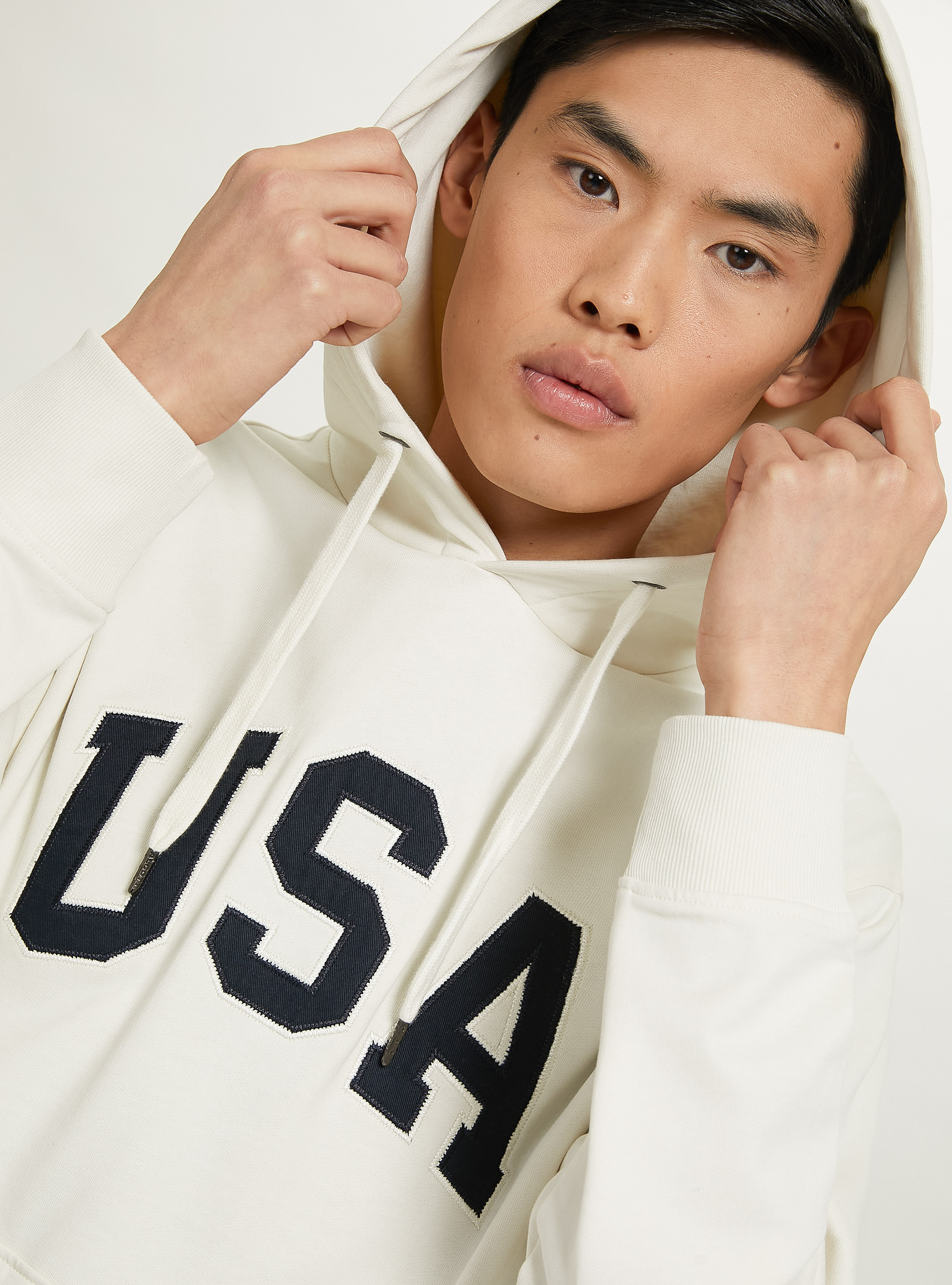 Baumwollsweatshirt mit Kapuze und USA-Aufnäher, C104 CREAM