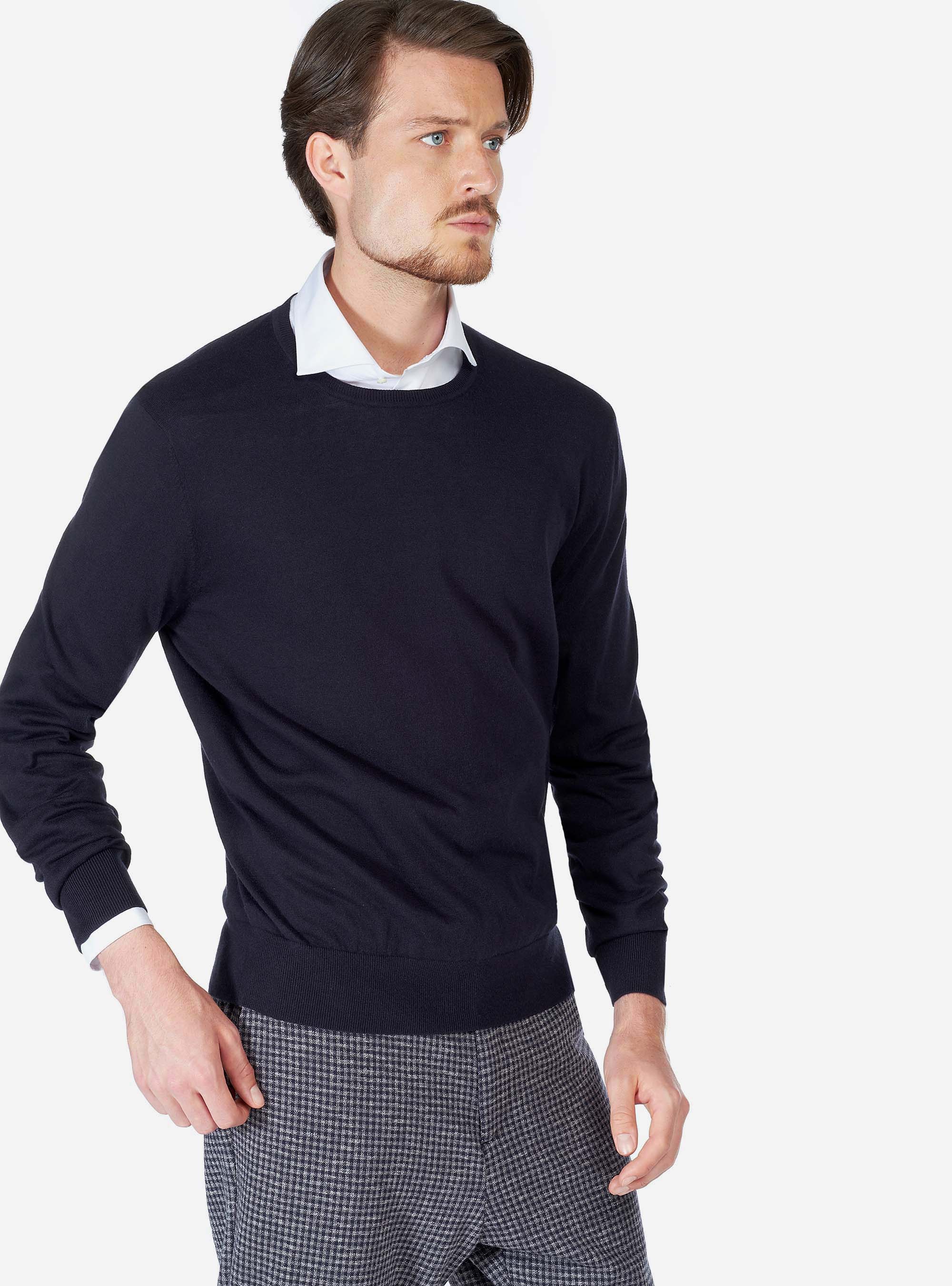 Pull col rond en coton soie et cachemire, C210 BLUE NAVY