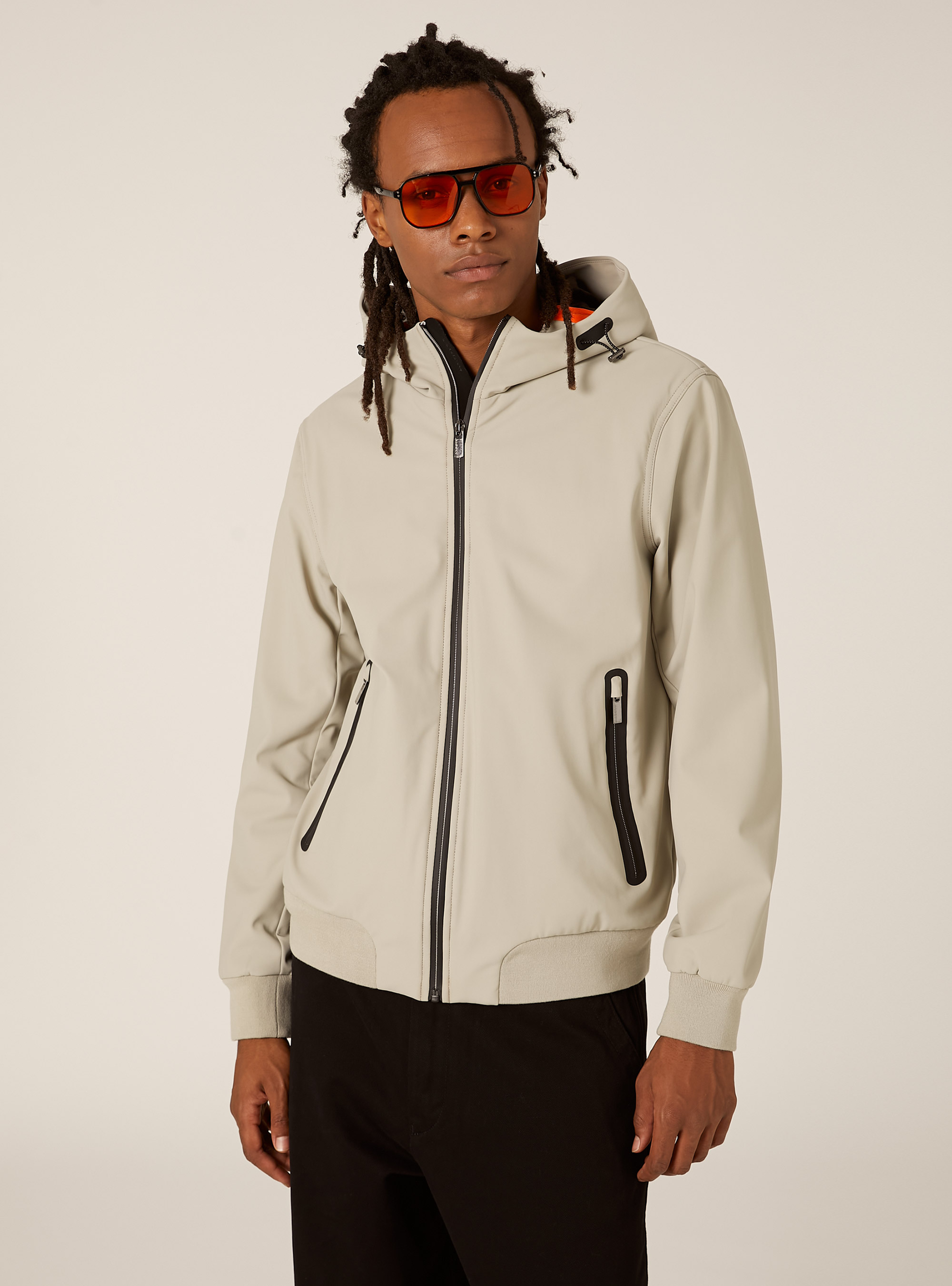 Technical fabric jacket with hood, CR3 CREAM LIGHT