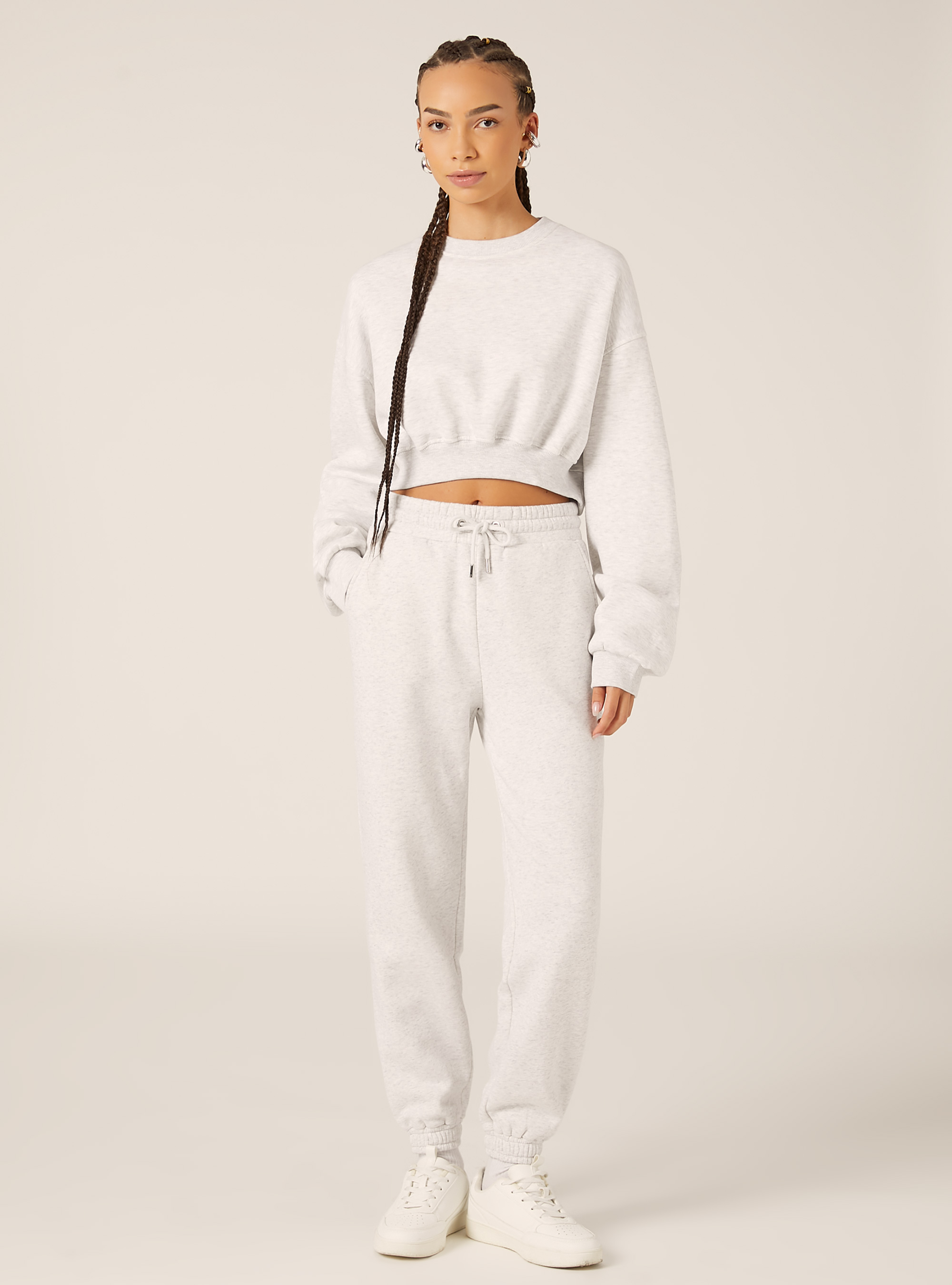 Felpa girocollo in cotone crop, MGY3 GREY MEL LIGHT