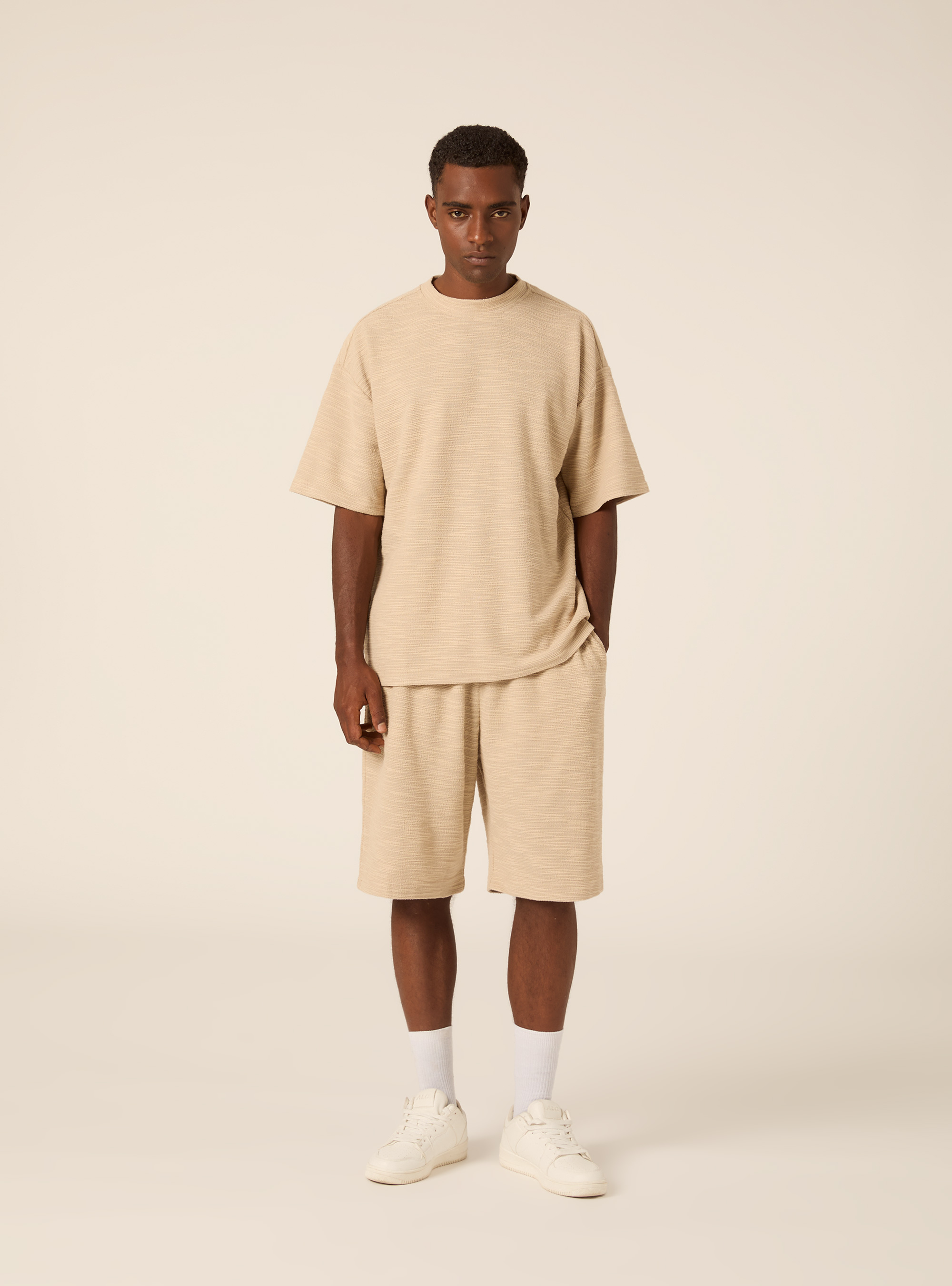 T-shirt in Misto Cotone con Texture, BEIGE MEDIO