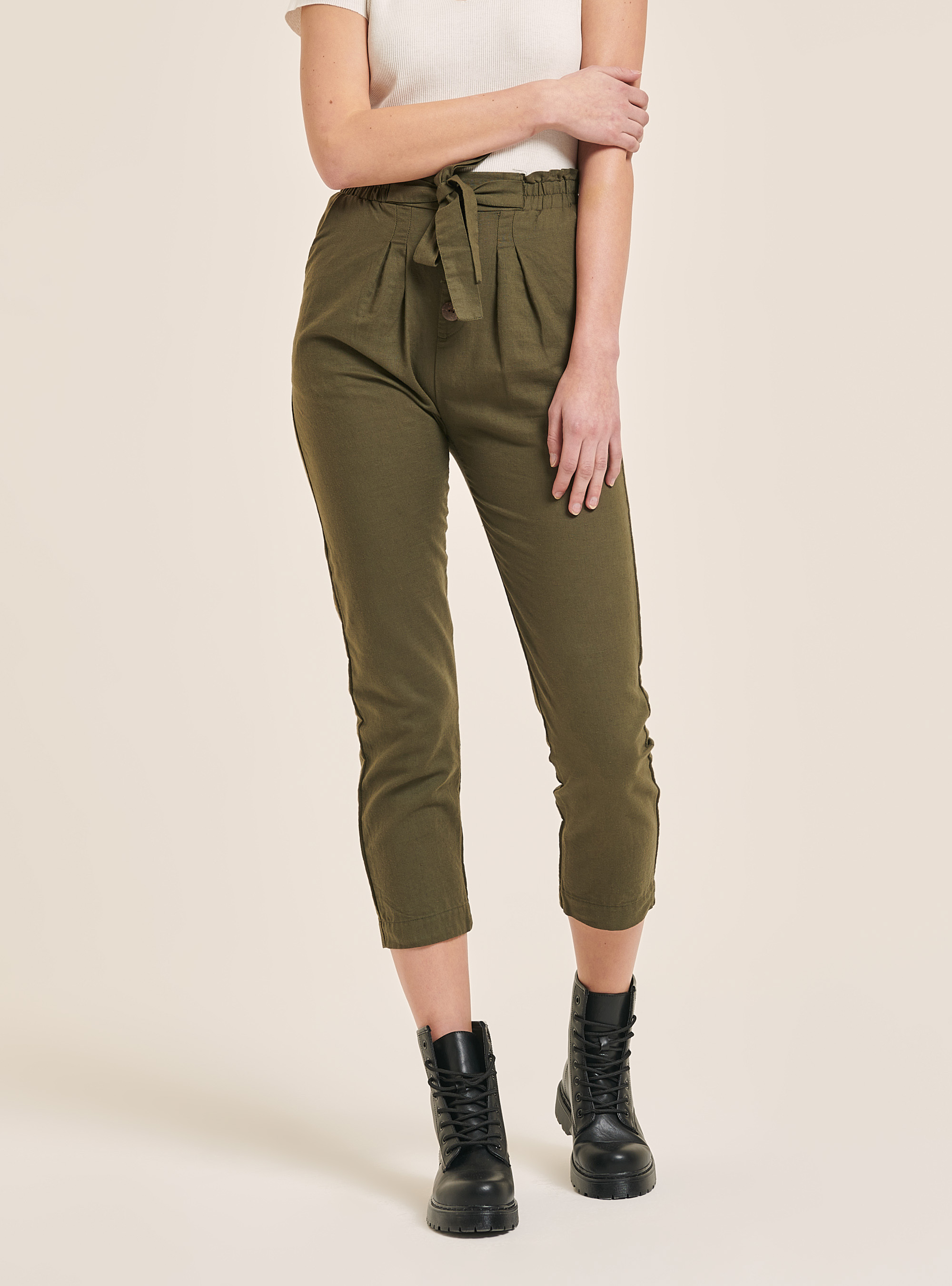 Pantaloni paperbag in misto lino, KAKI