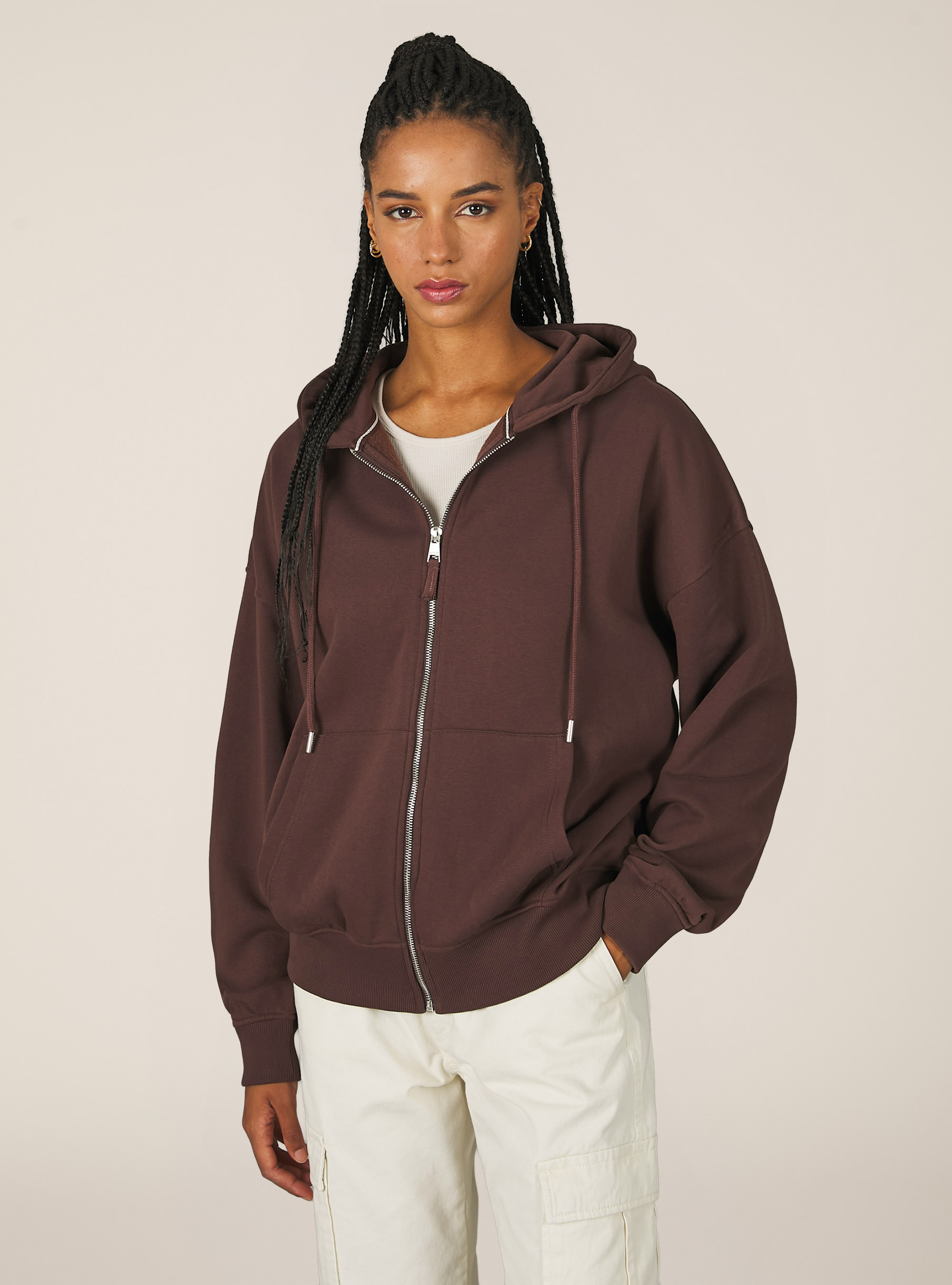 Sweatshirt mit Reißverschluss und Kapuze aus Baumwollfleece, BR2 BROWN MEDIUM