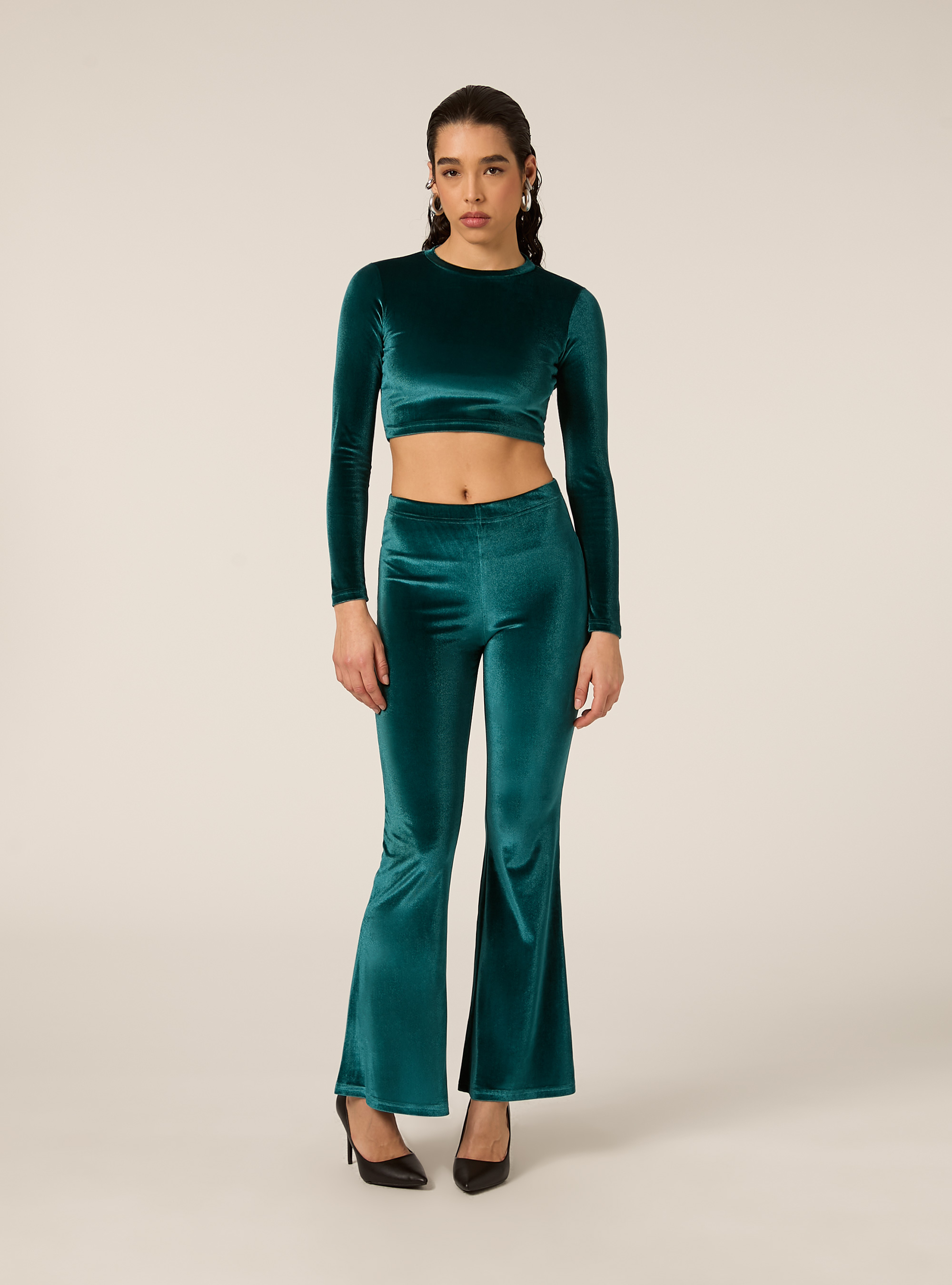 Maglia cropped in velluto con schiena scoperta, GN1 GREEN DARK