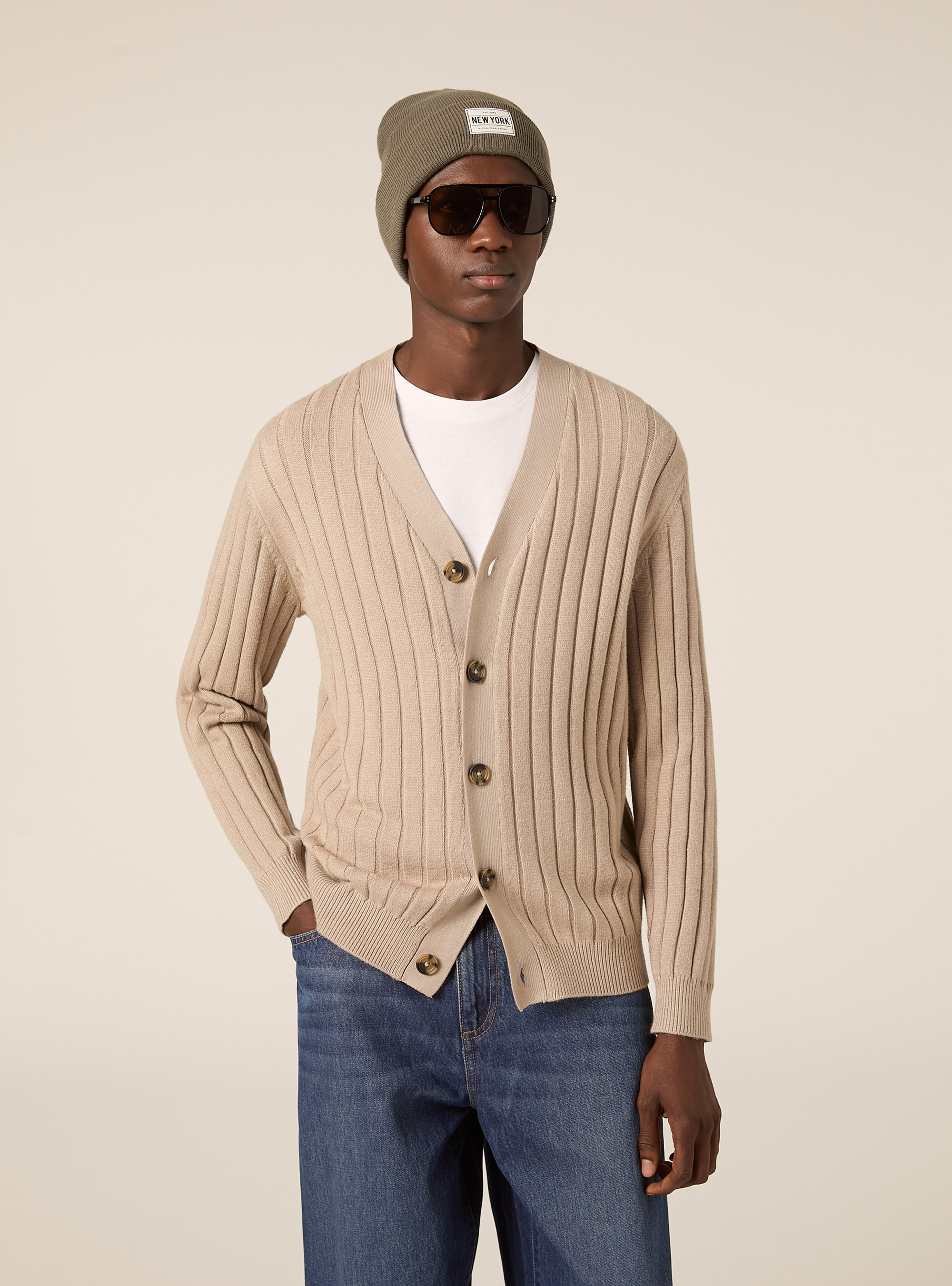 Cardigan  in rib, BG2 BEIGE MEDIUM