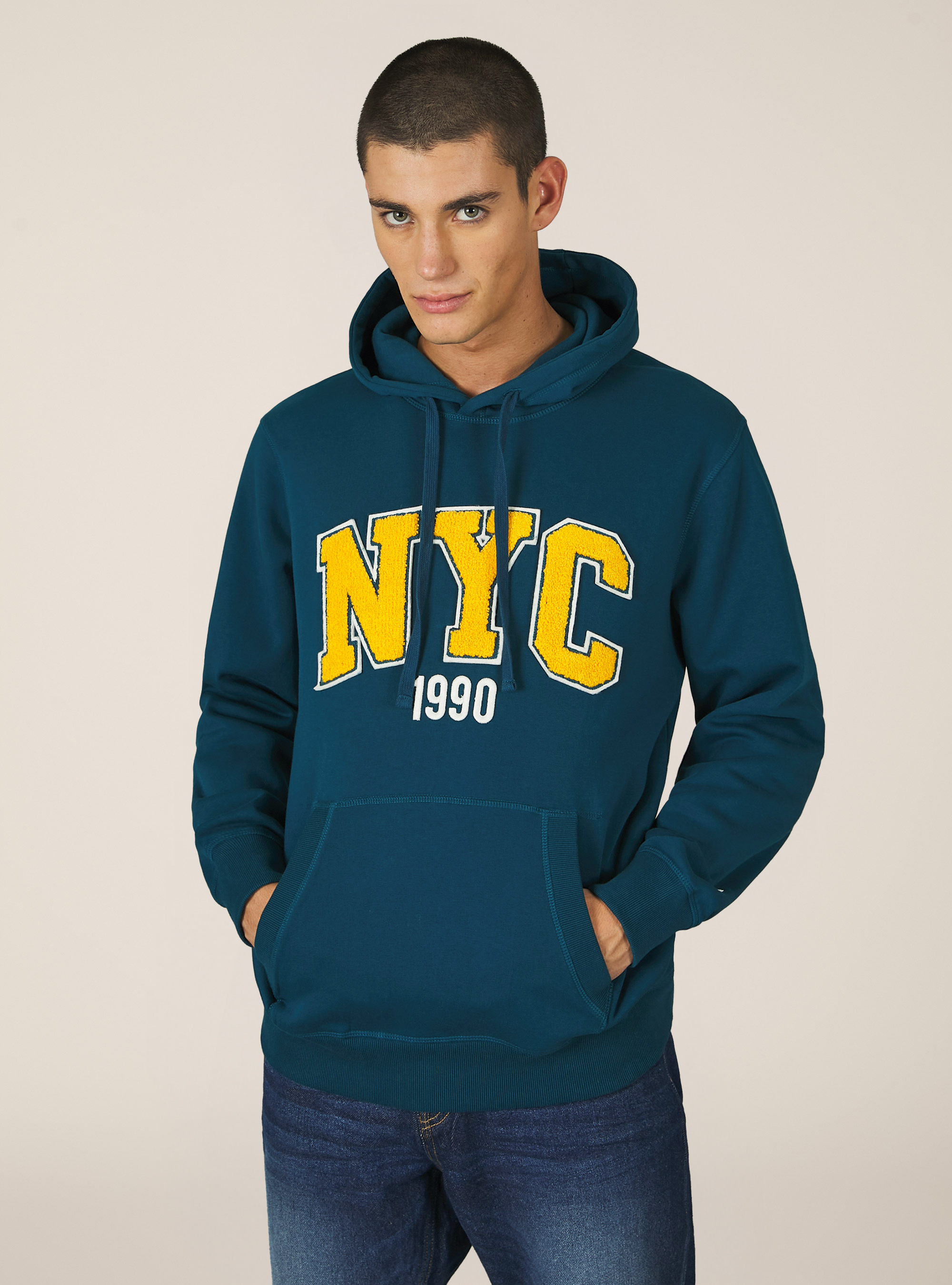 Felpa cappuccio con patch ricamata, OB2 BLUE OIL MED.