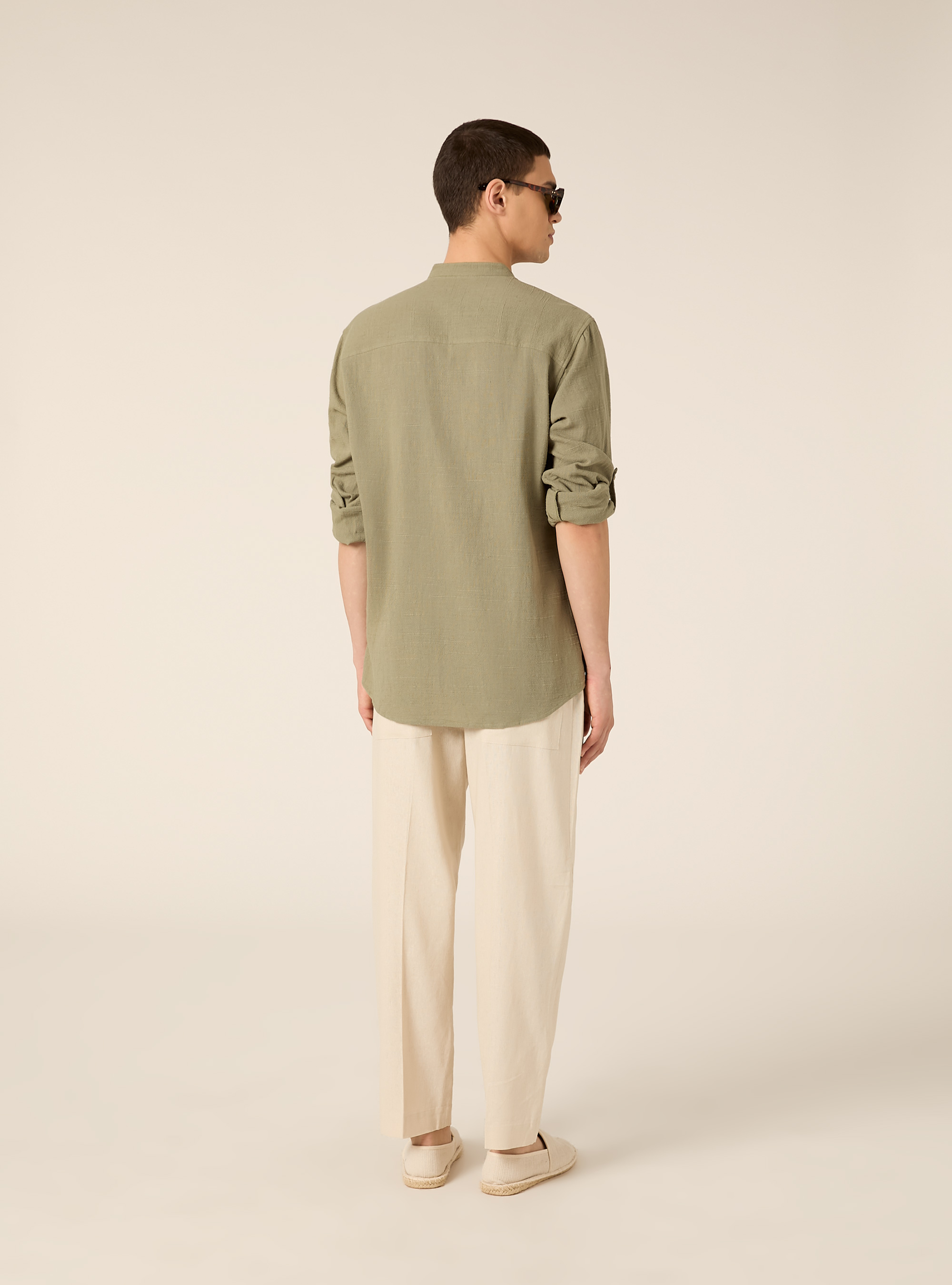 Camicia con collo alla coreana in misto lino, KY2 KAKY MEDIUM