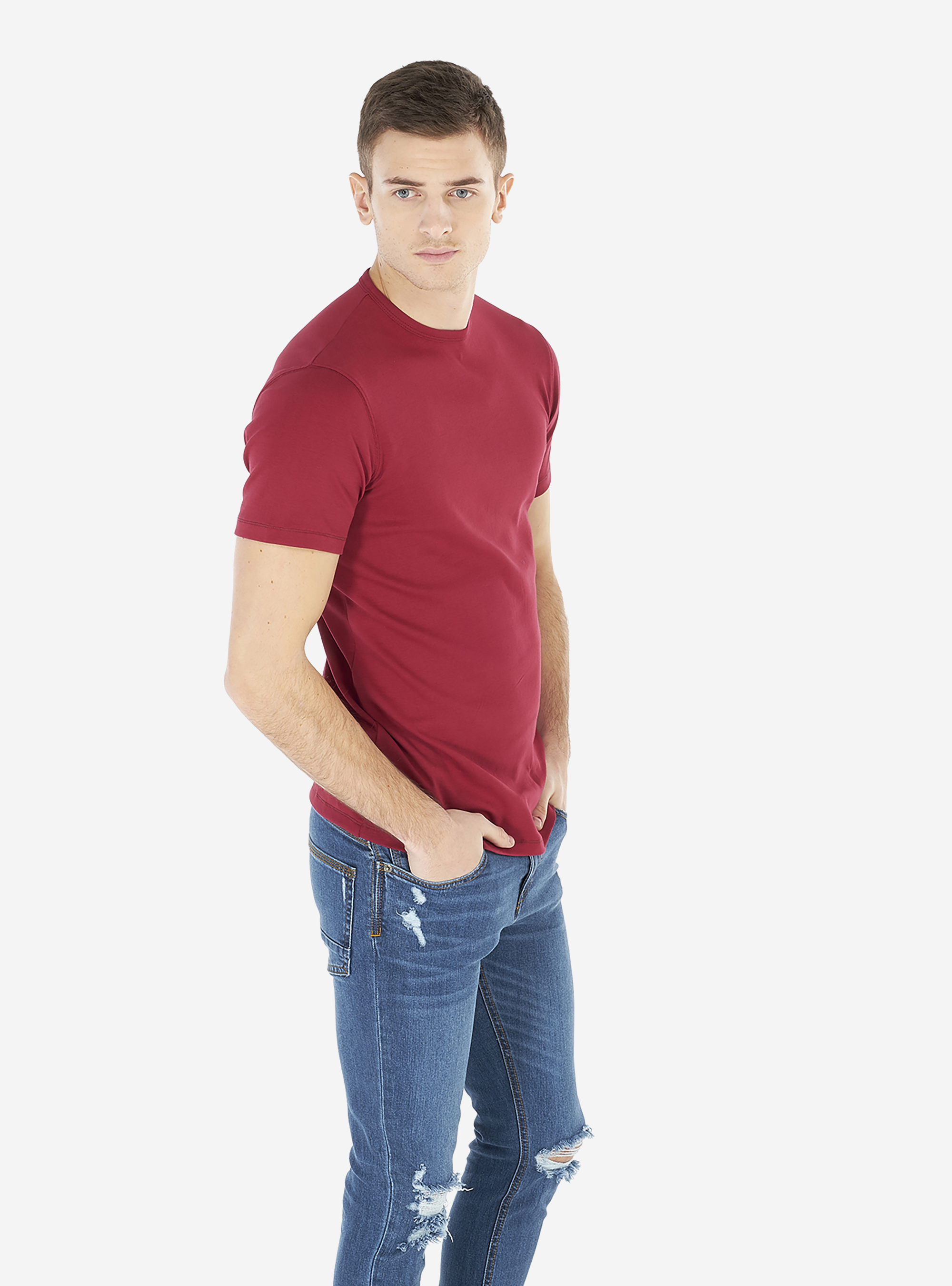 Elastic cotton comfort-stretch round neck t-shirt., BORDEAUX