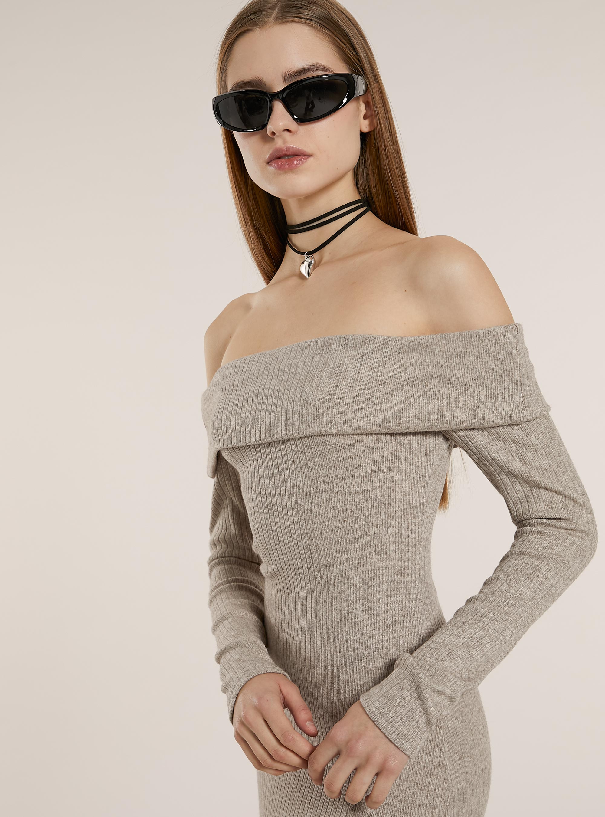 Long knit dress with Bardot neckline, MBG2 BEIGE MEL MED