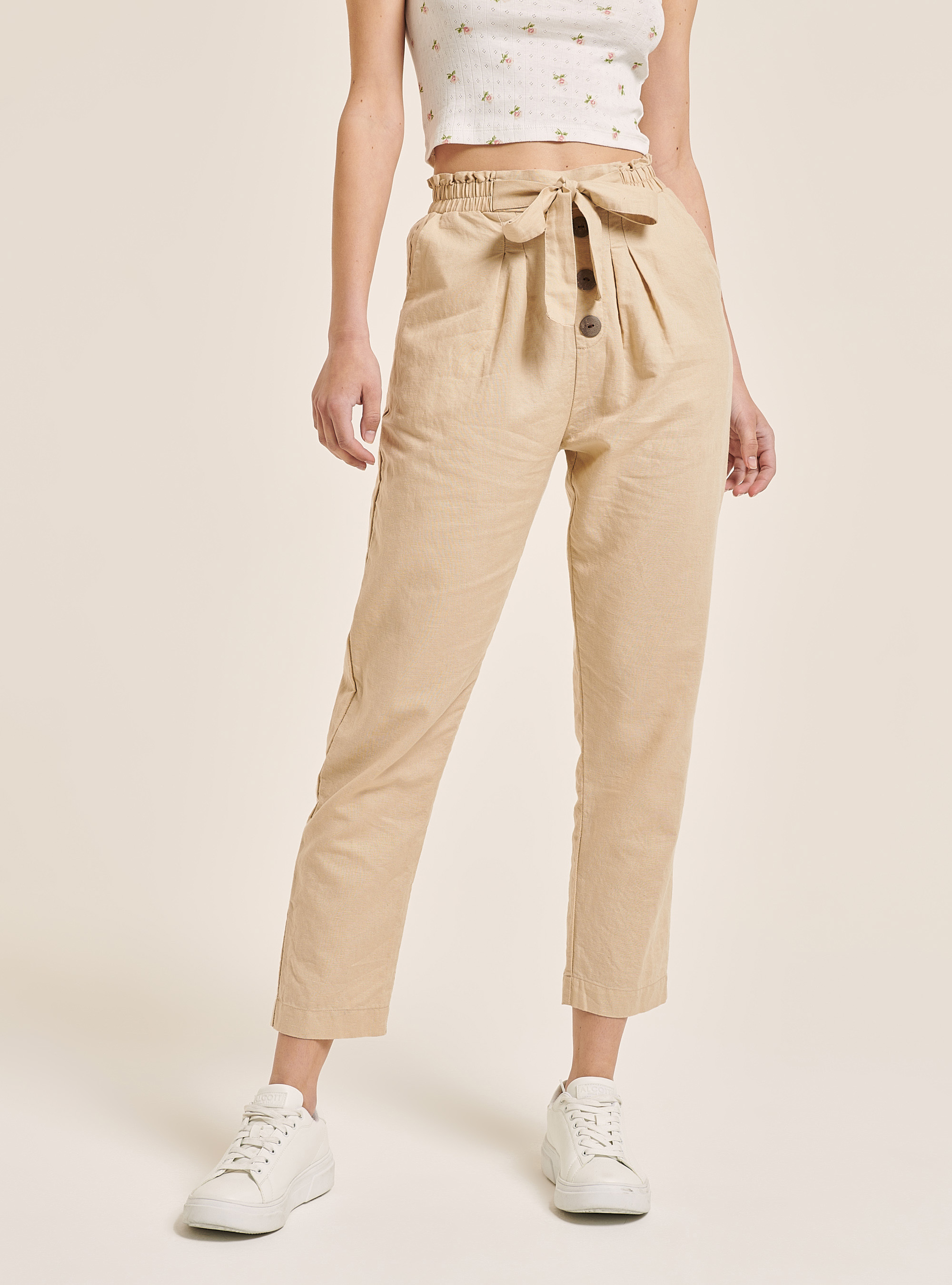 Paperbag linen trousers, C5558 BEIGE