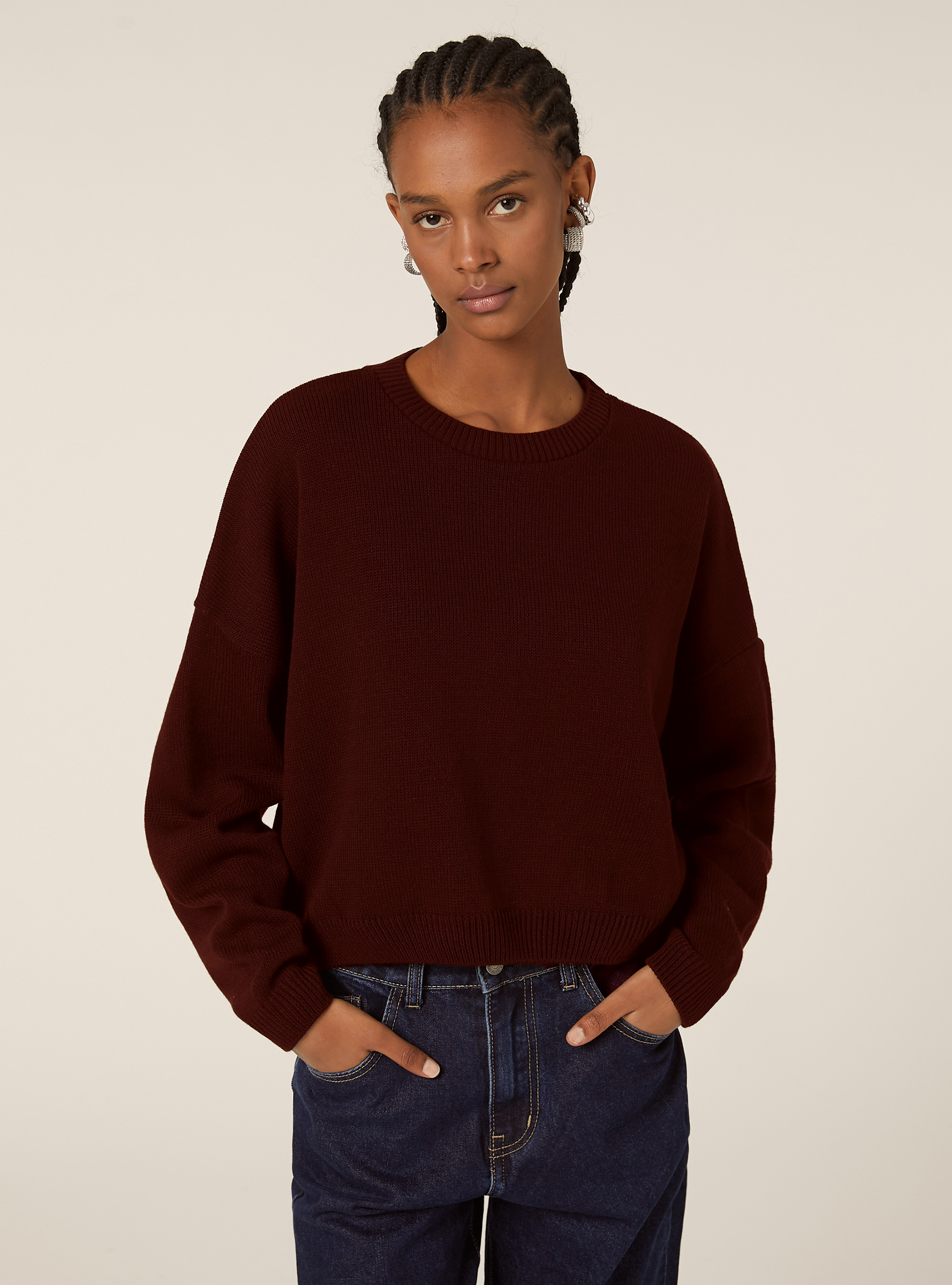 Maglia basic tinta unita cropped, BO2 BORDEAUX MEDIUM