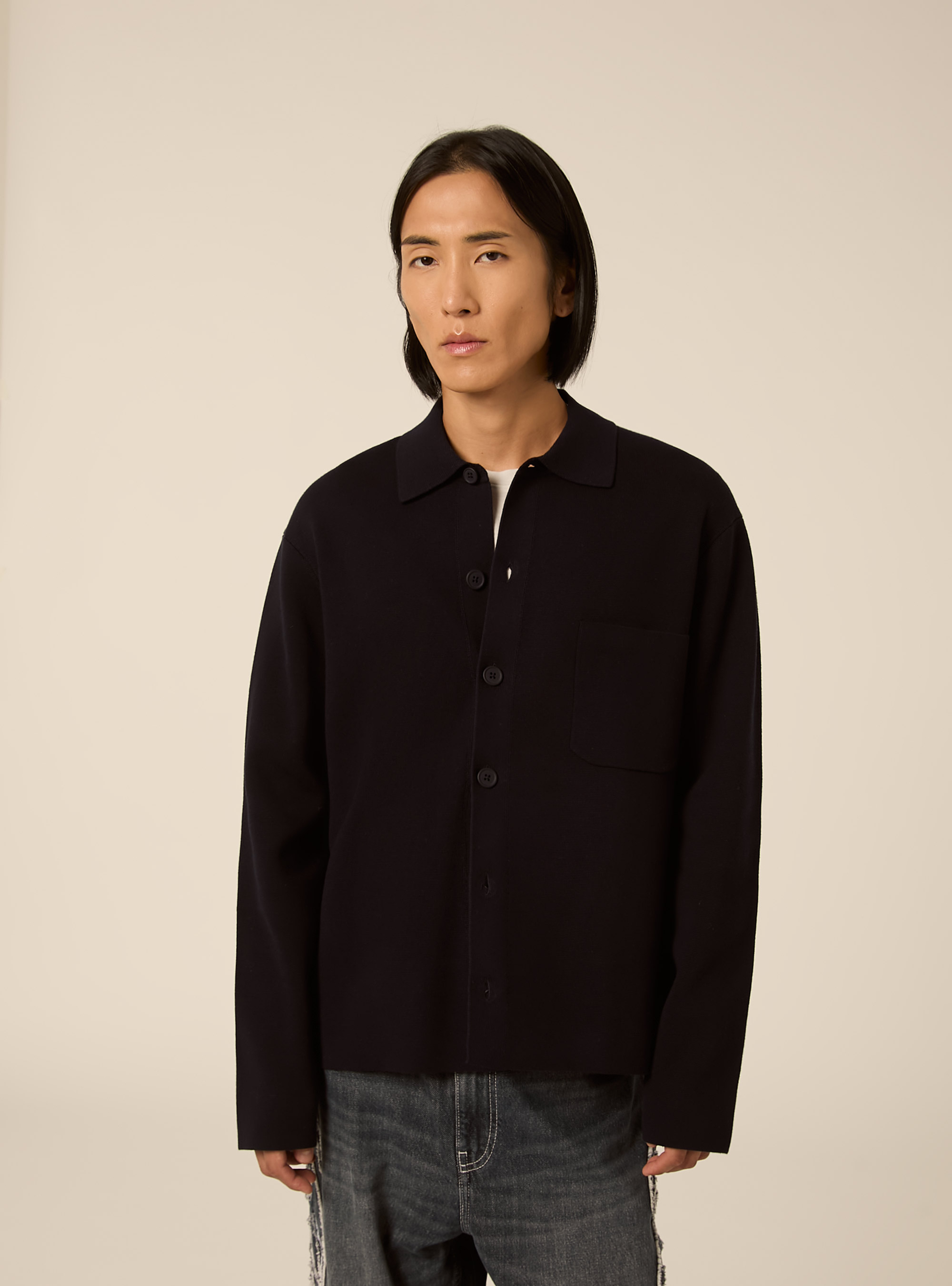 Cardigan in maglia strutturata con colletto, NAVY SCURO