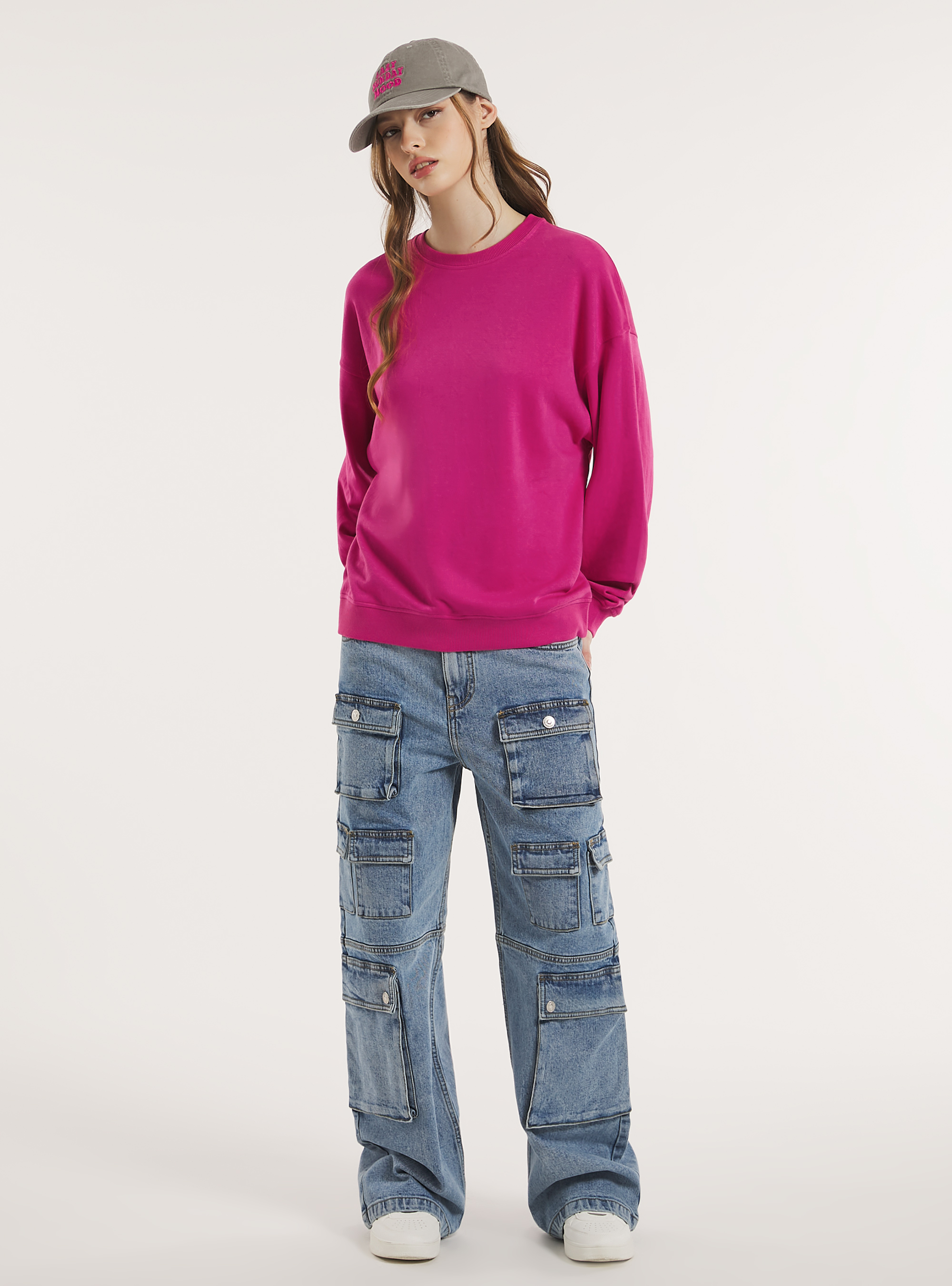 Plain cotton crew-neck sweatshirt, FX2 FUXIA MEDIUM