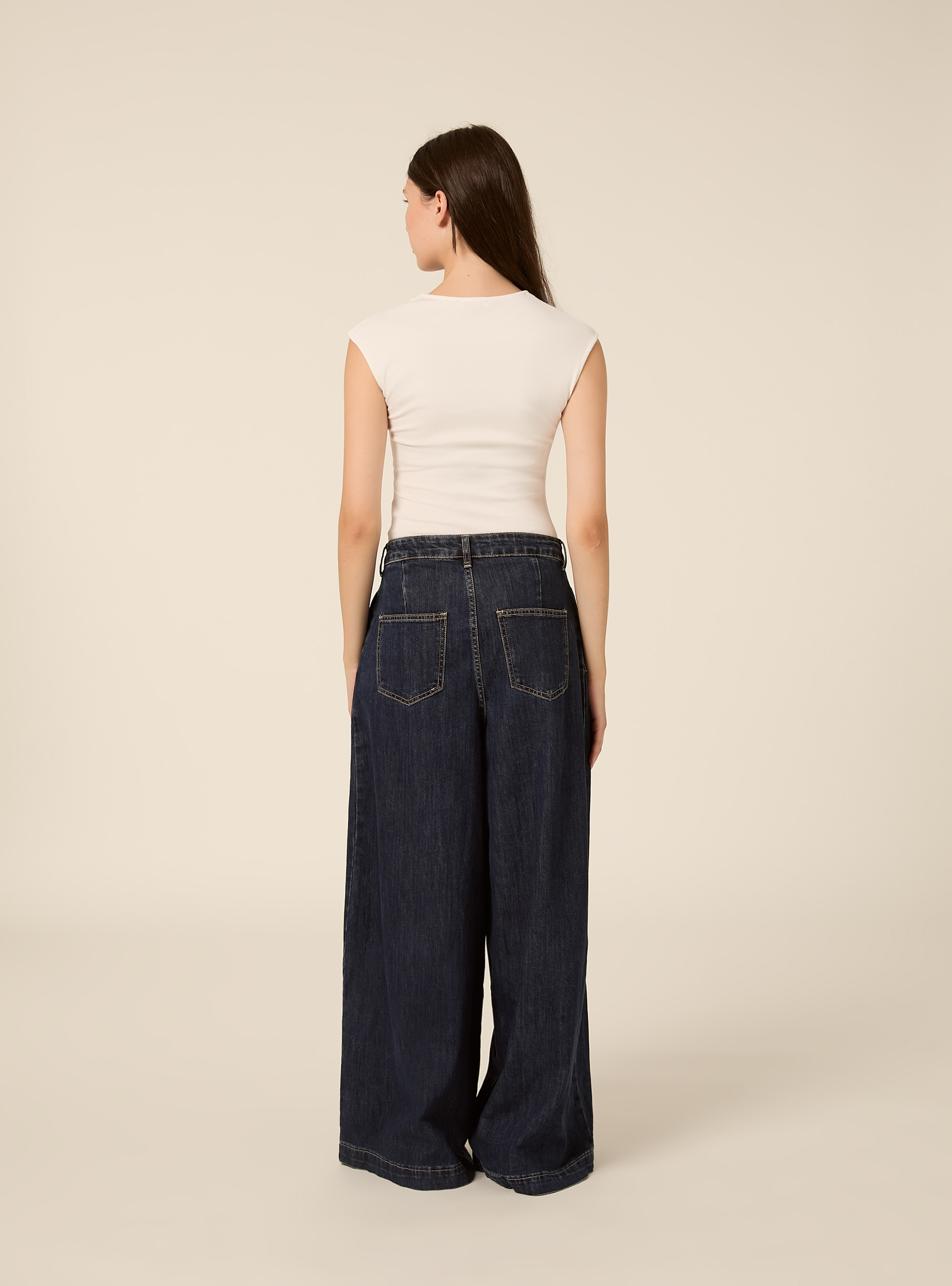 Wide leg palazzo jeans with front pleats, D002 MEDIUM DARK BLUE