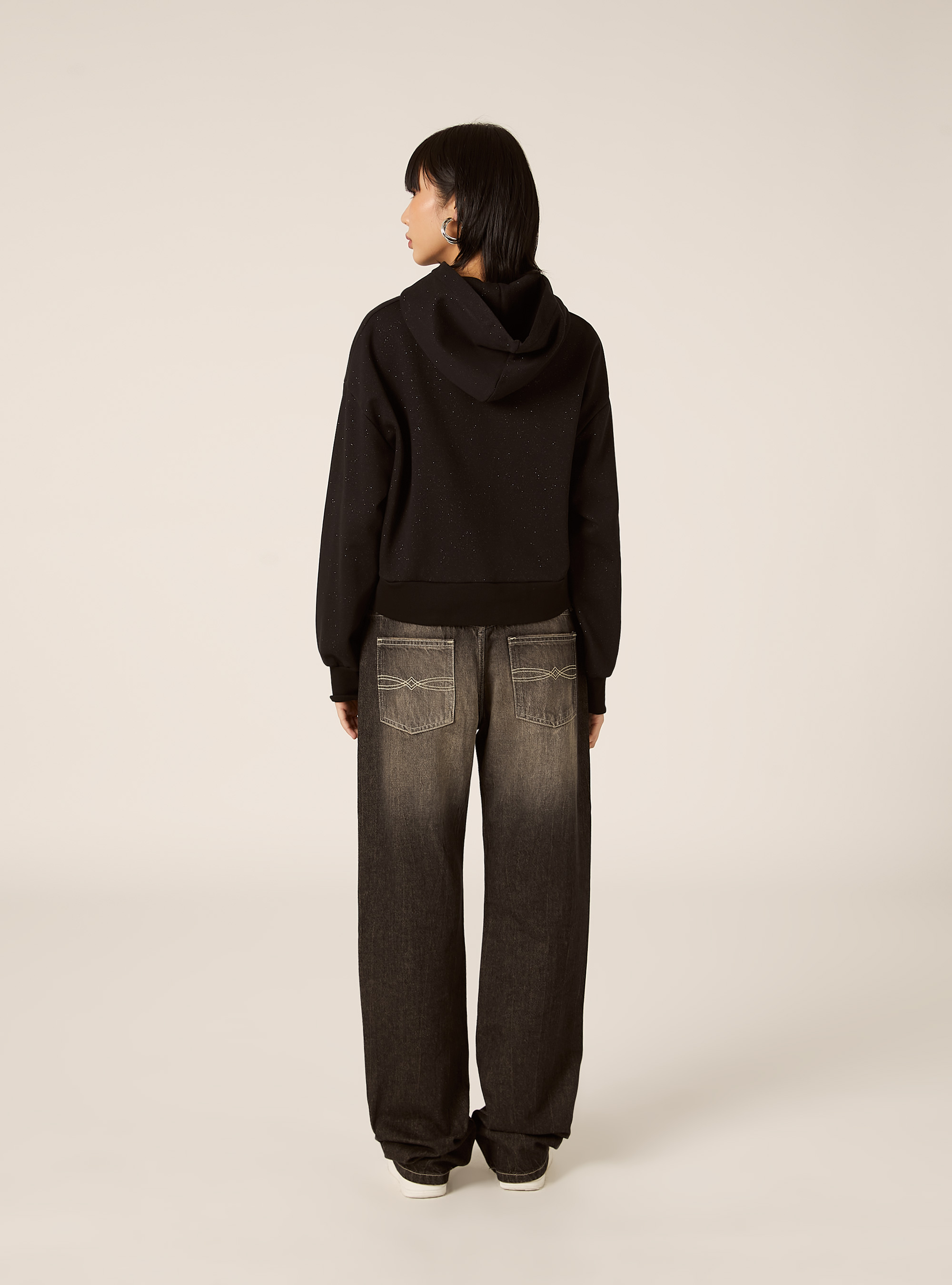 Felpa boxy con cappuccio con glitter, BK1 BLACK