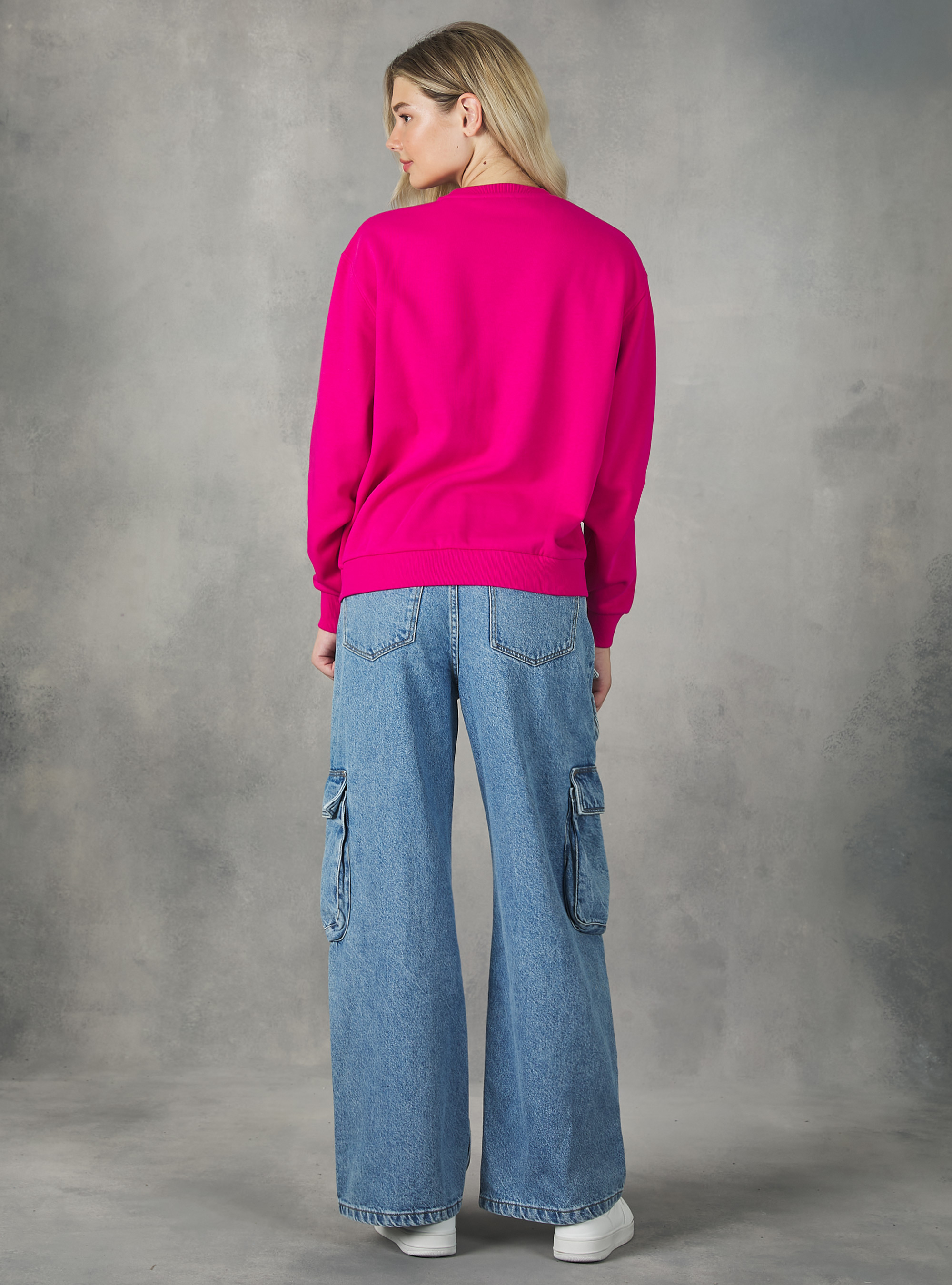 Plain-coloured cotton crew-neck sweatshirt, FX3 FUXIA LIGHT