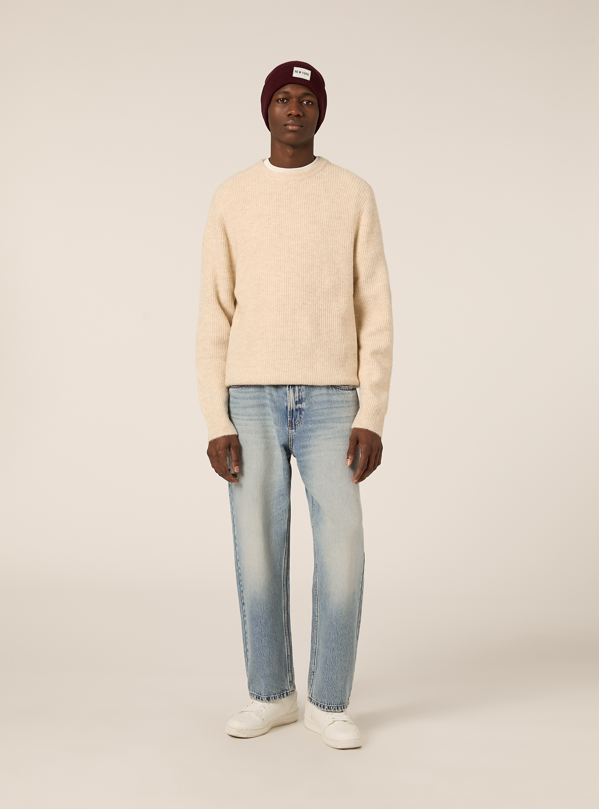 English ribbed crew neck jumper, MBG3 BEIGE MEL LIGHT