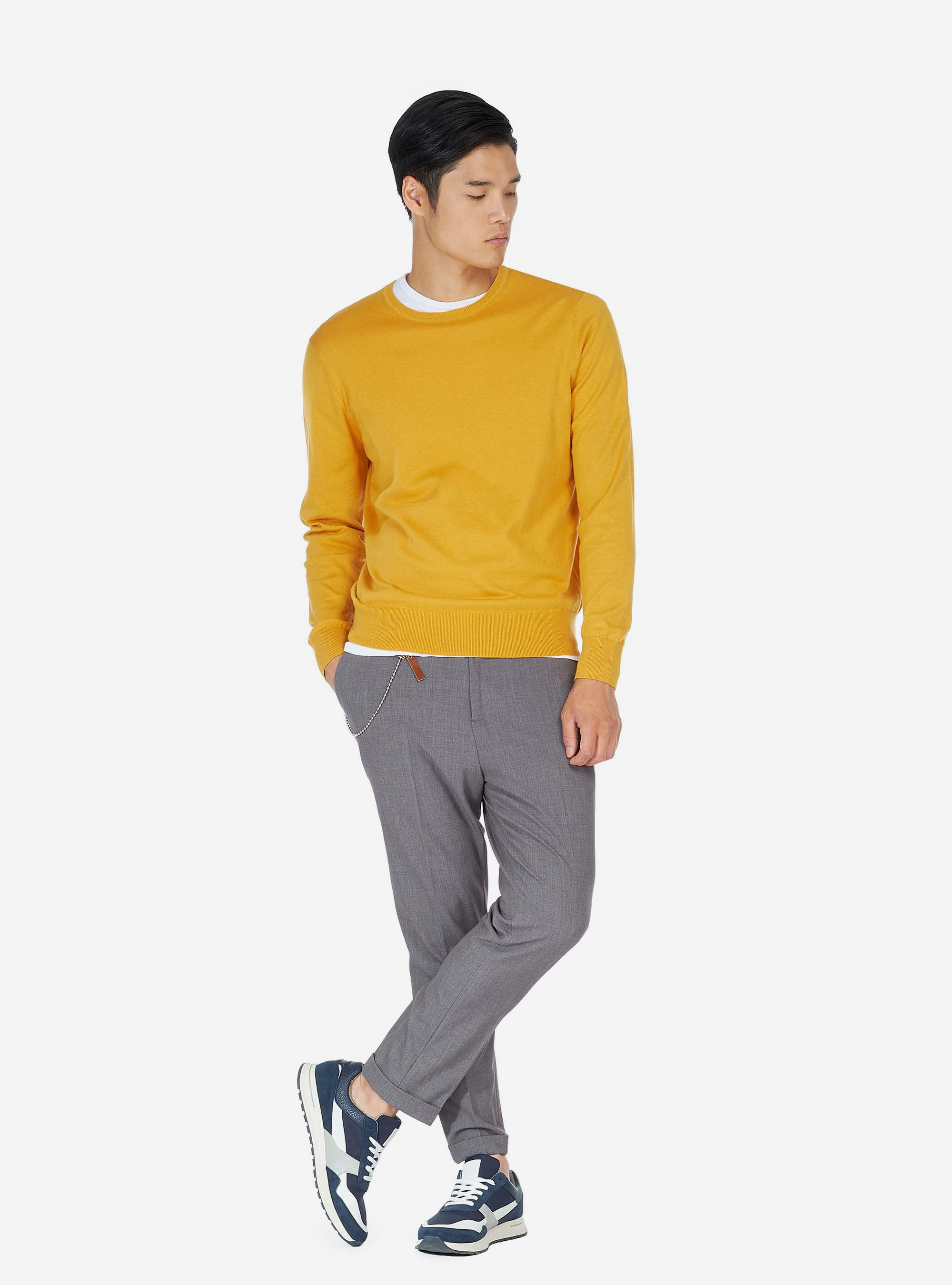 Pull col rond en coton soie et cachemire, C7751 SENAPE