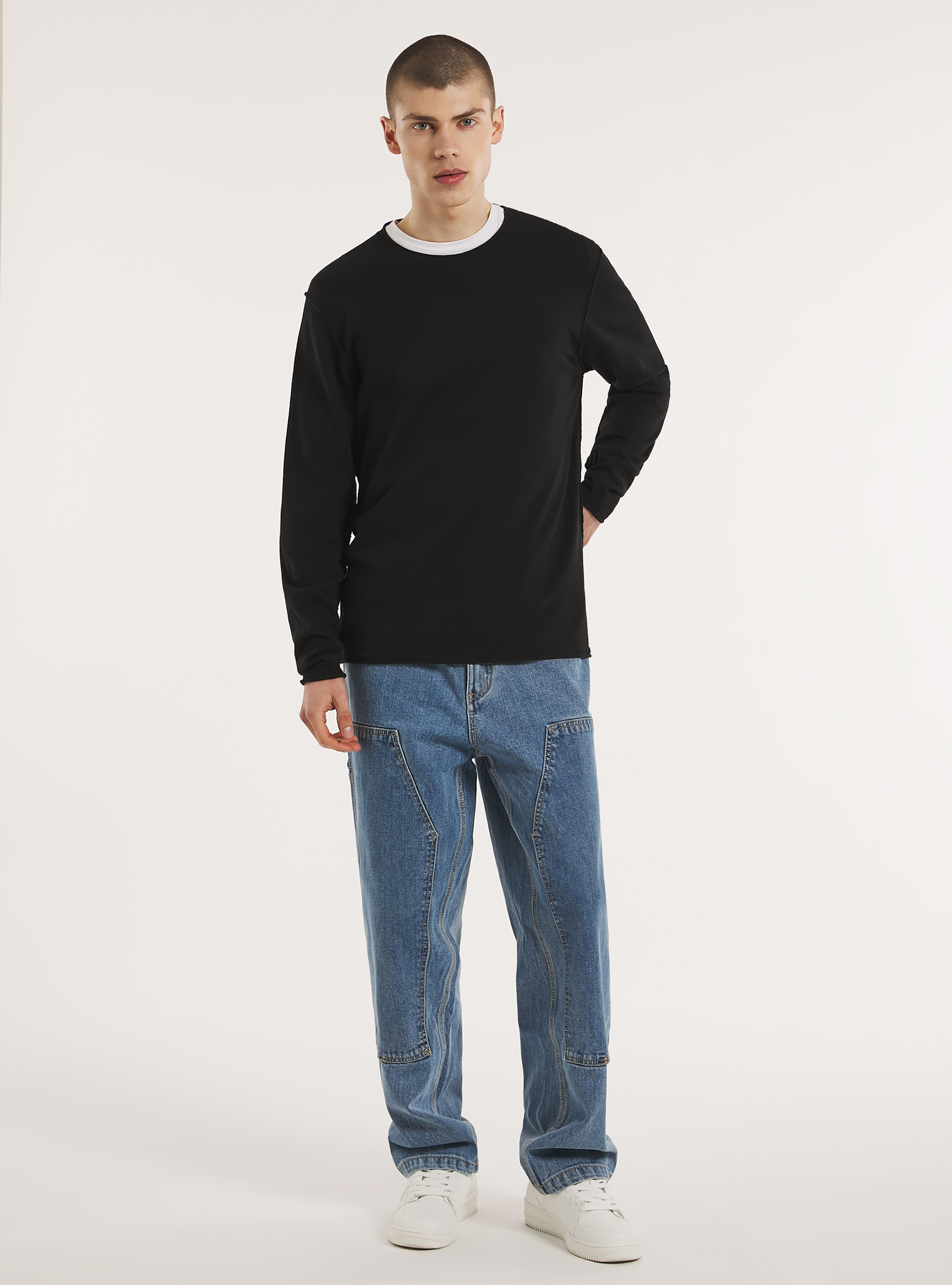 Round-neck cotton pullover, BK1 BLACK