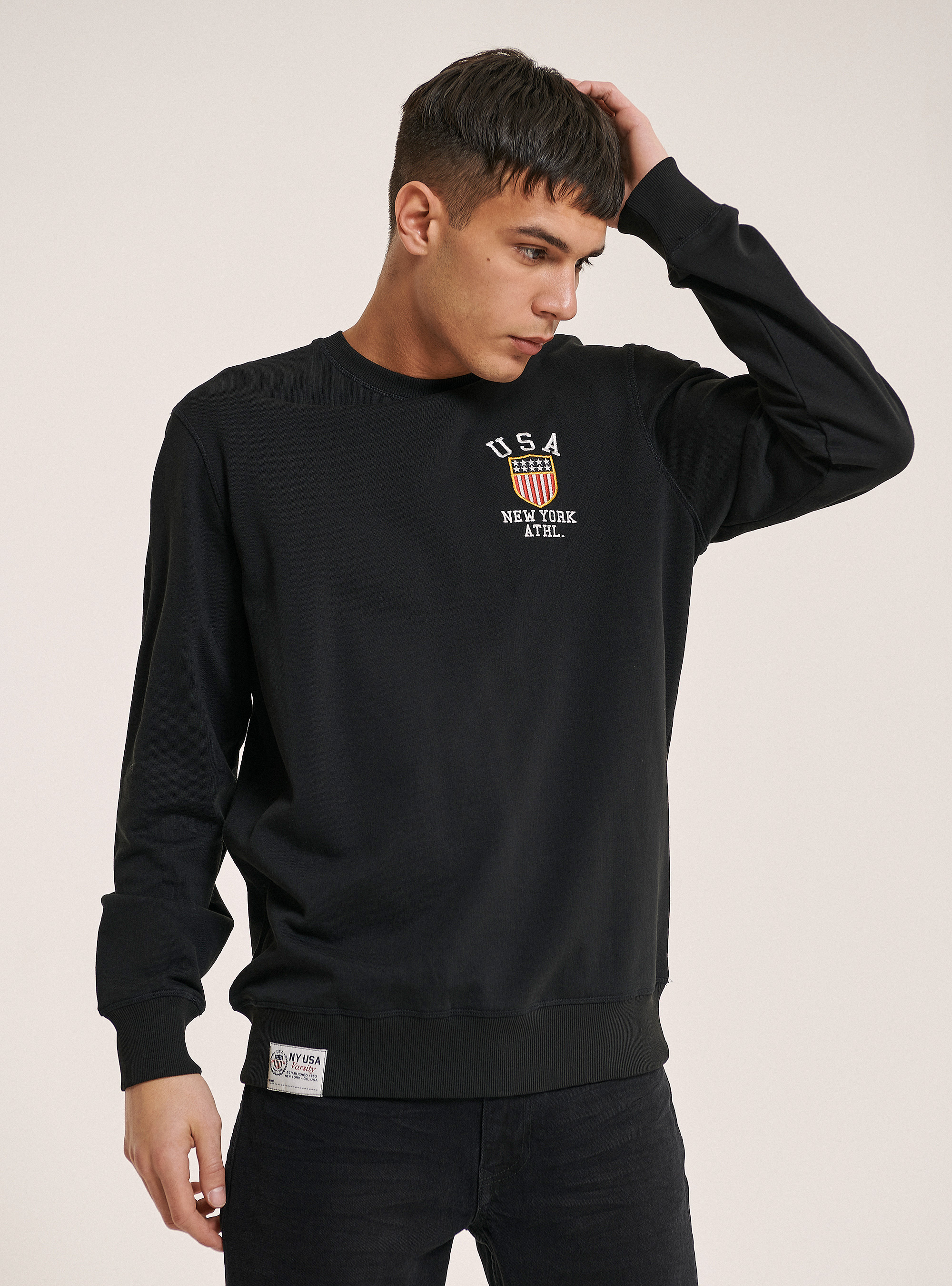 Sudadera de cuello redondo con bordados USA, NEGRO