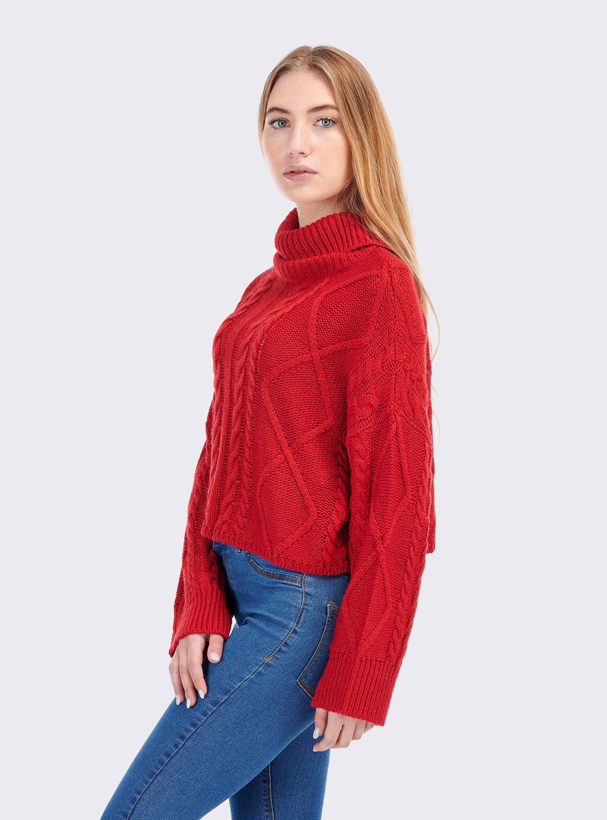 Cropped pullover with braids in wool blend, RED