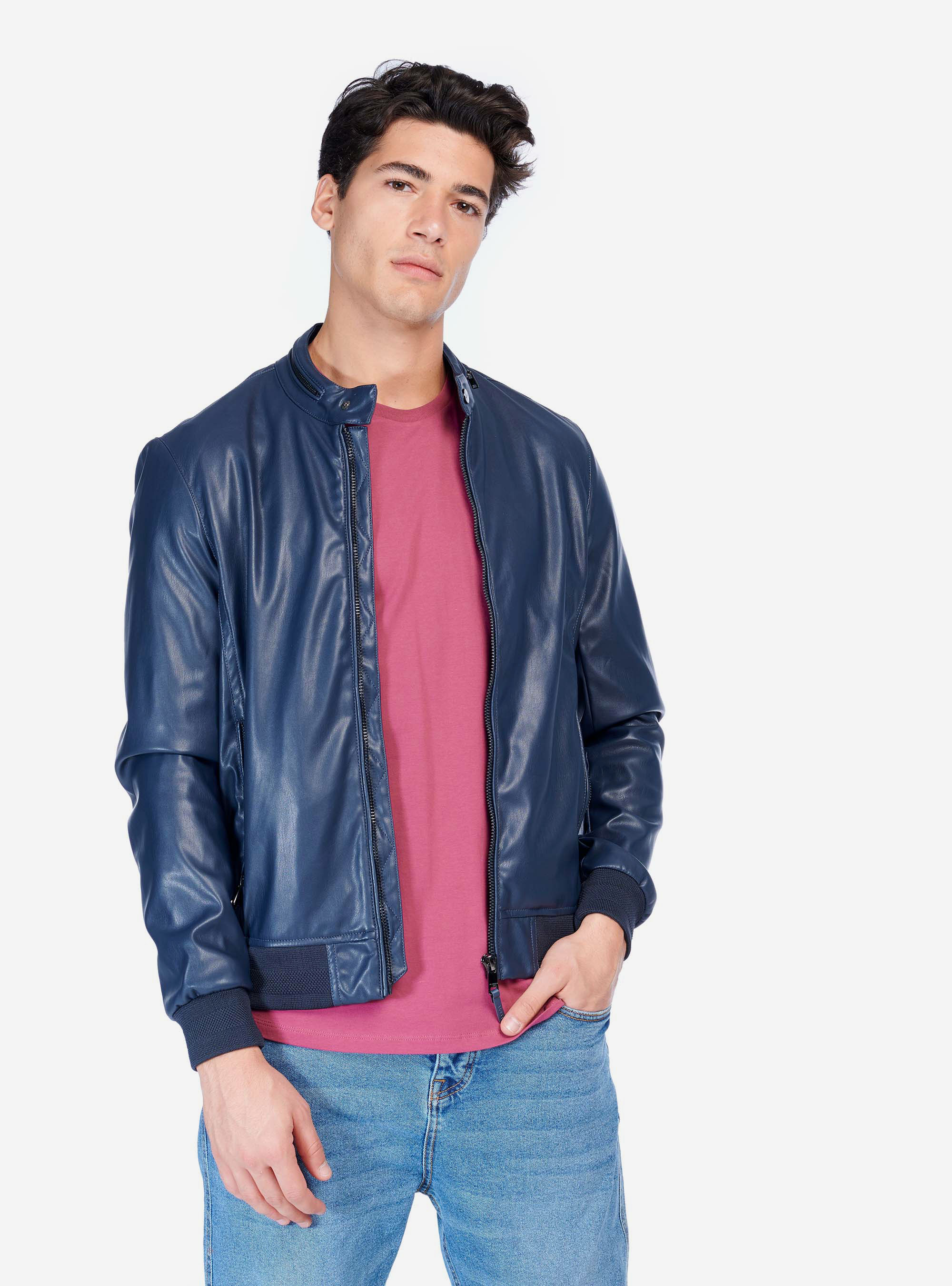 JACKET FAKE LEATHER, BLUE NAVY