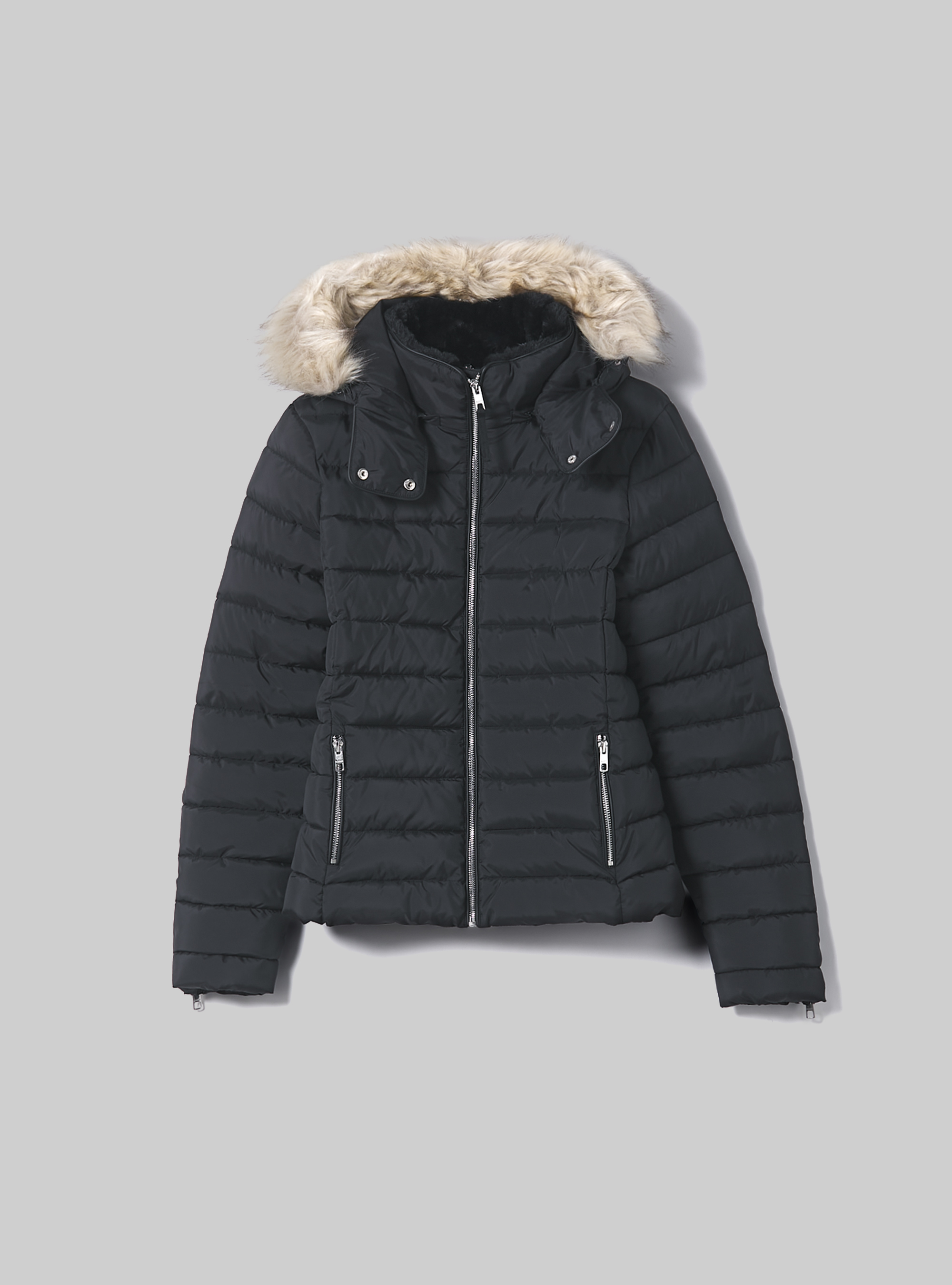 Padded jacket with hood and faux fur collar, BK1 BLACK