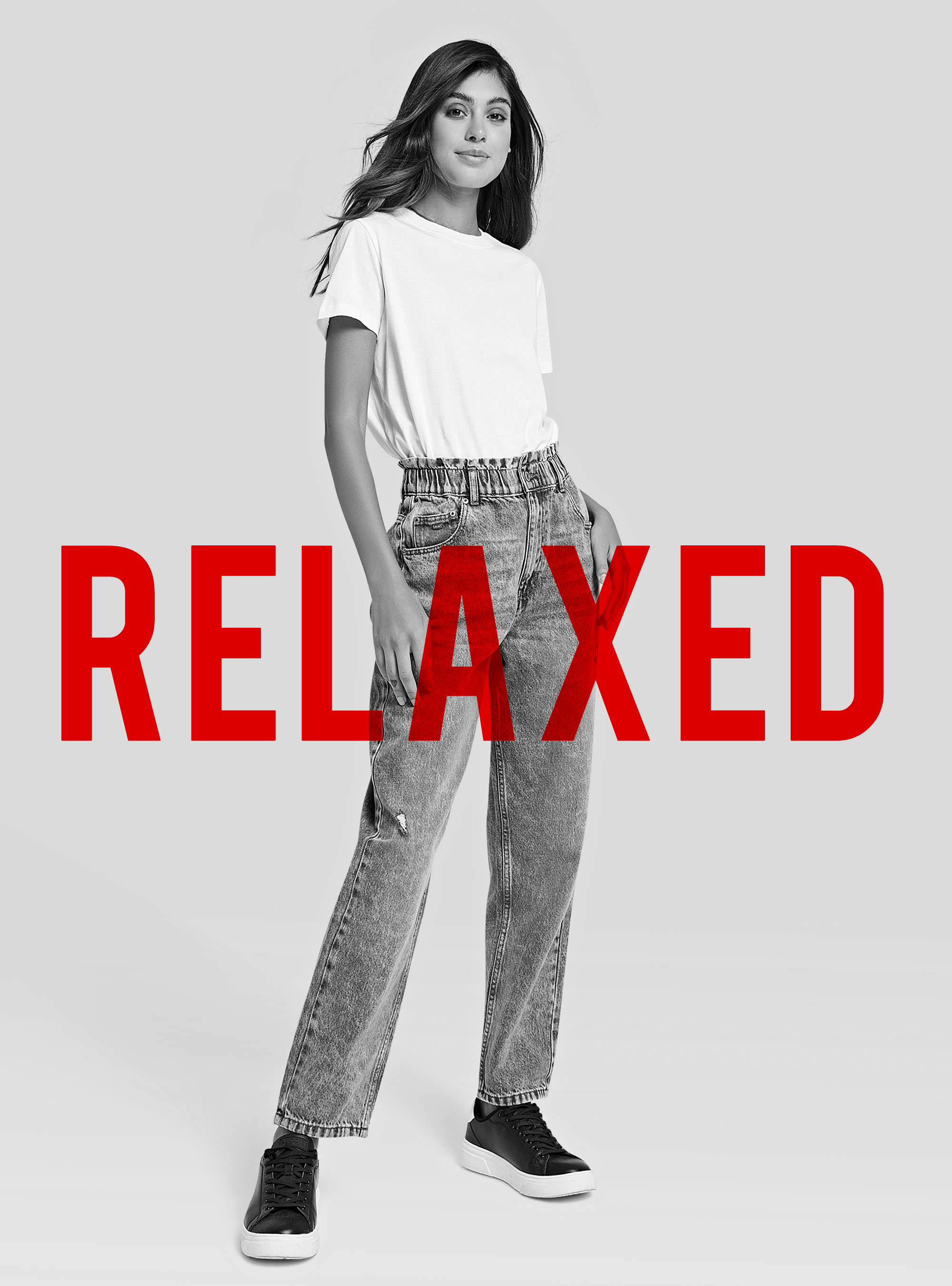 Slouchy fit jeans with elasticated waist in cotton, C116 GREY