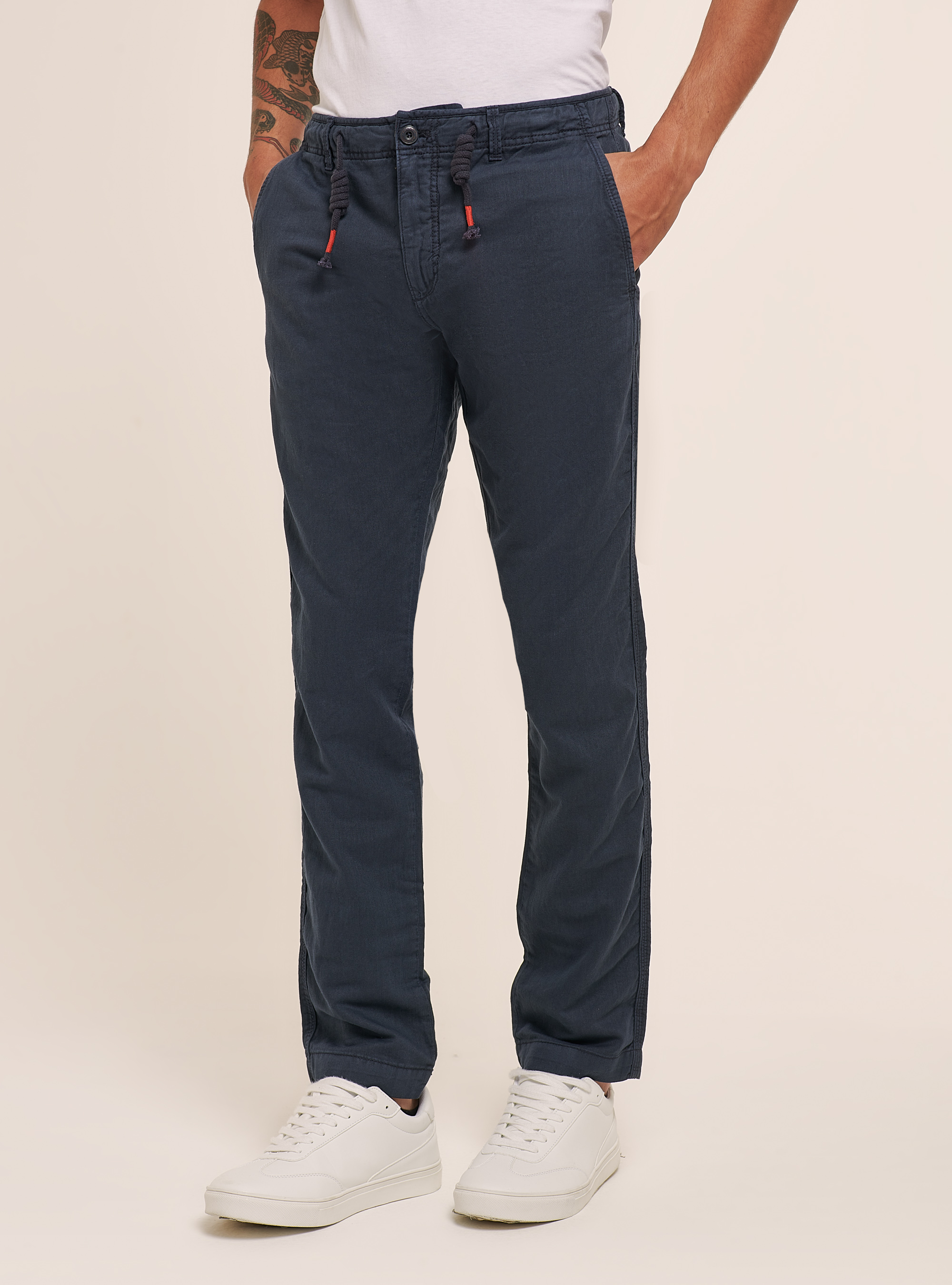Chino en lin mélangé avec cordon de serrage à la taille, C2229 BLUE