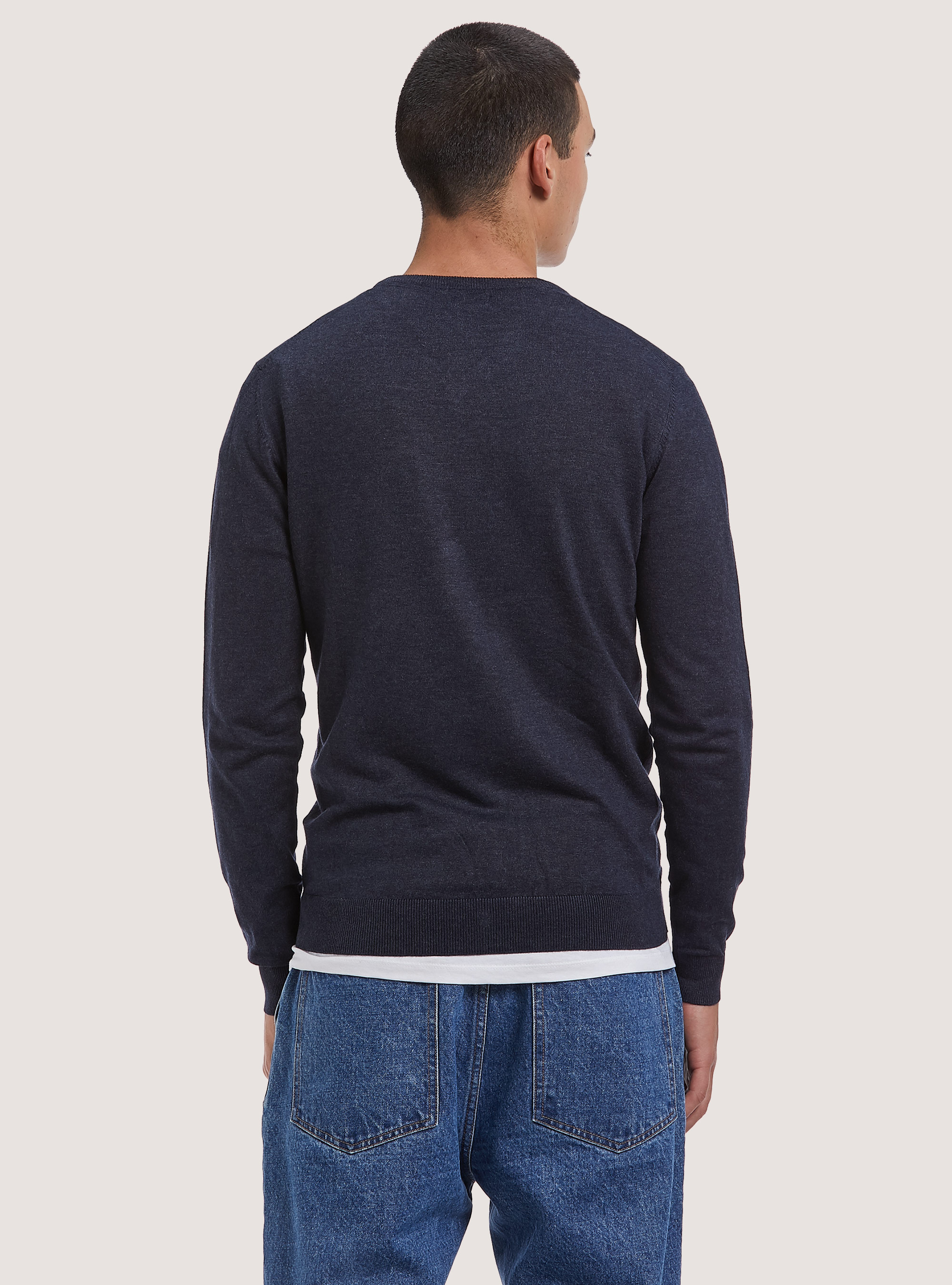 Pullover scollo a "v" tinta unita, BLUE MELANGE